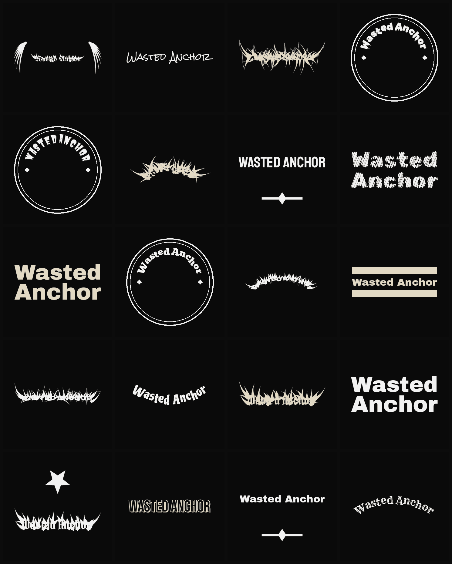 Twenty Wasted Anchor band logo ideas — different faces, treatments and spike settings