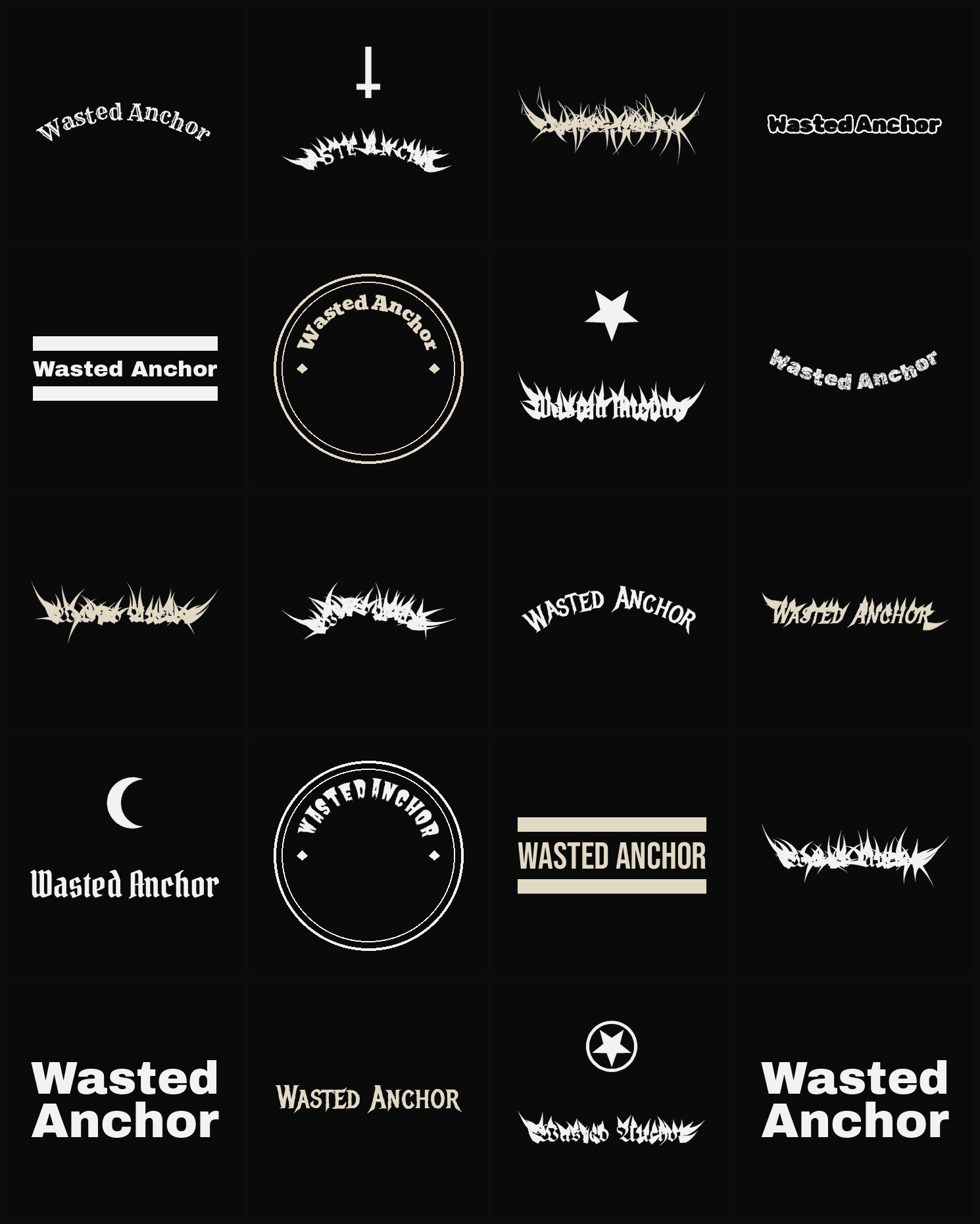 Twenty Wasted Anchor band logo ideas — different faces, treatments and spike settings