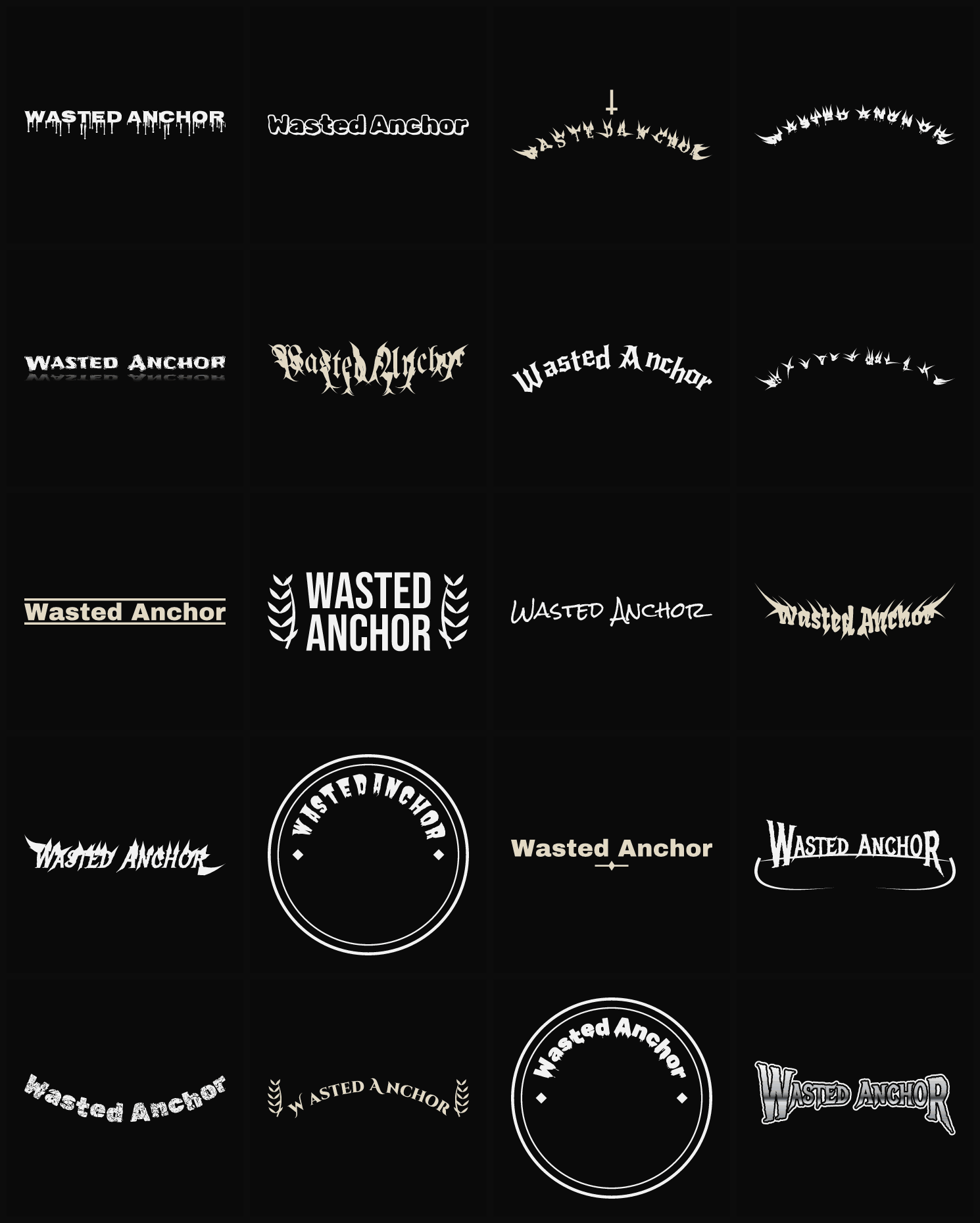 Twenty Wasted Anchor band logo ideas — different faces, treatments and spike settings