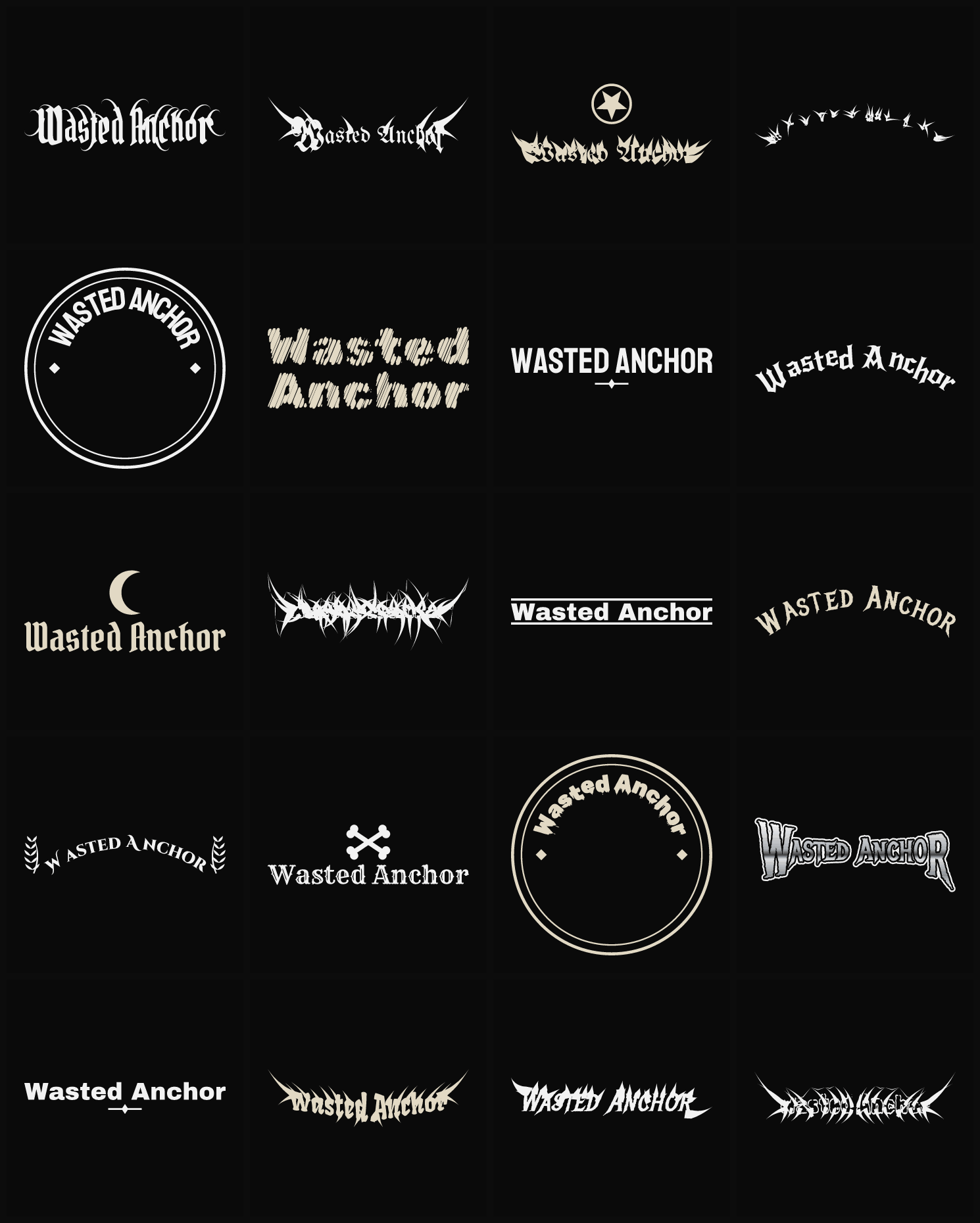 Twenty Wasted Anchor band logo ideas — different faces, treatments and spike settings