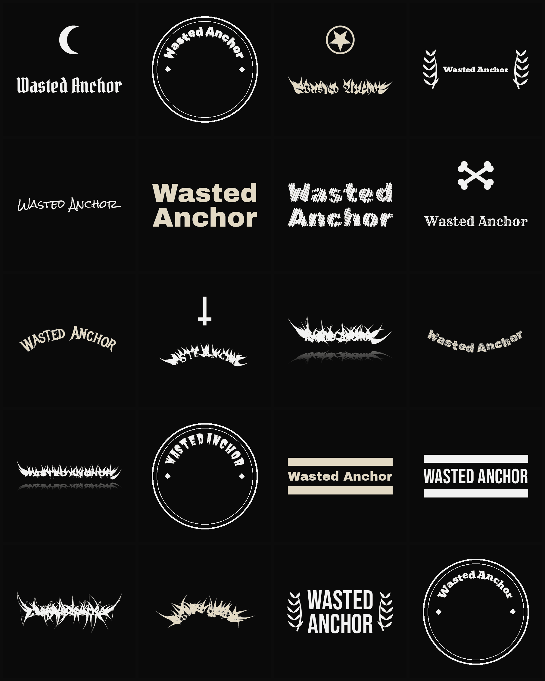 Twenty Wasted Anchor band logo ideas — different faces, treatments and spike settings