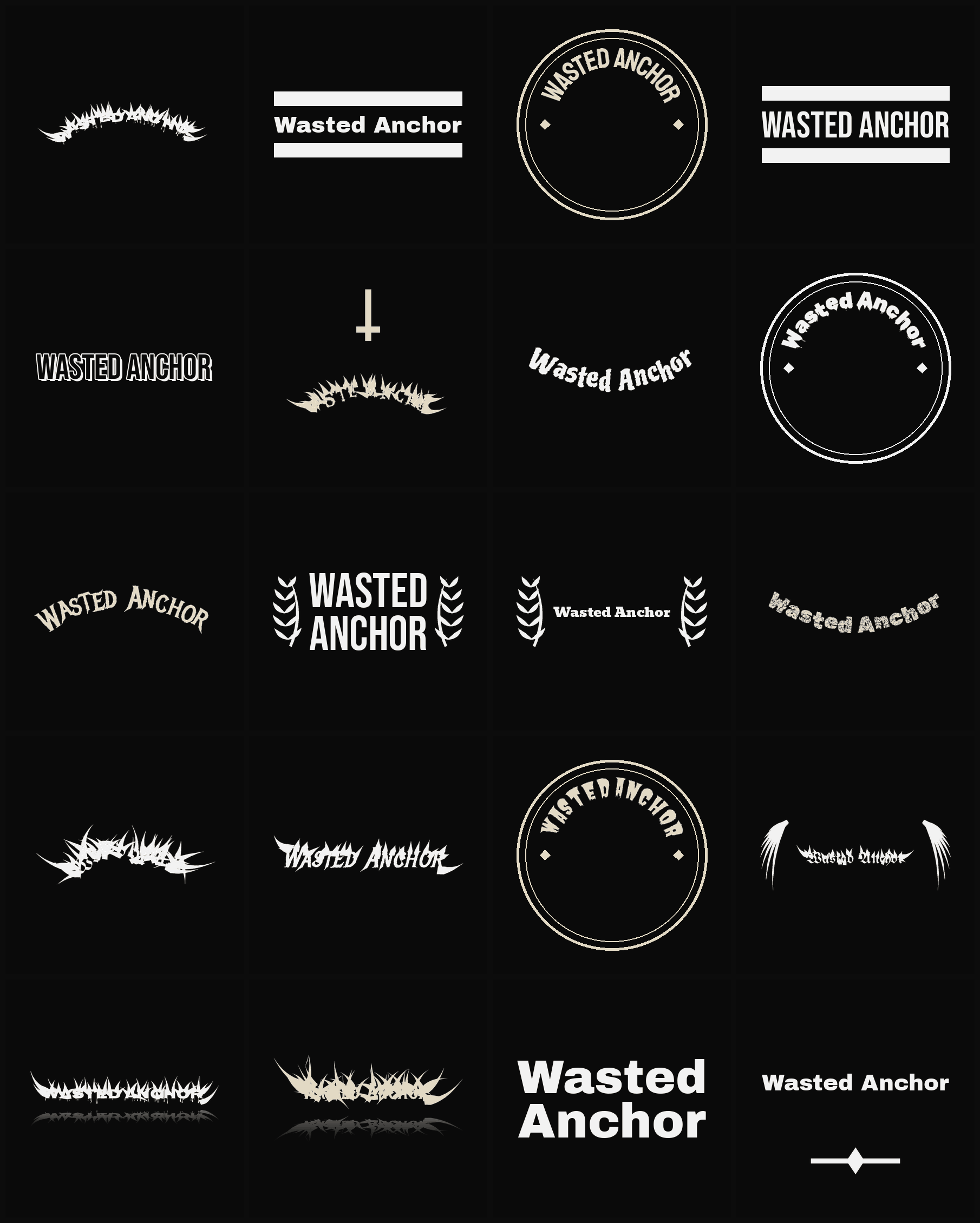Twenty Wasted Anchor band logo ideas — different faces, treatments and spike settings