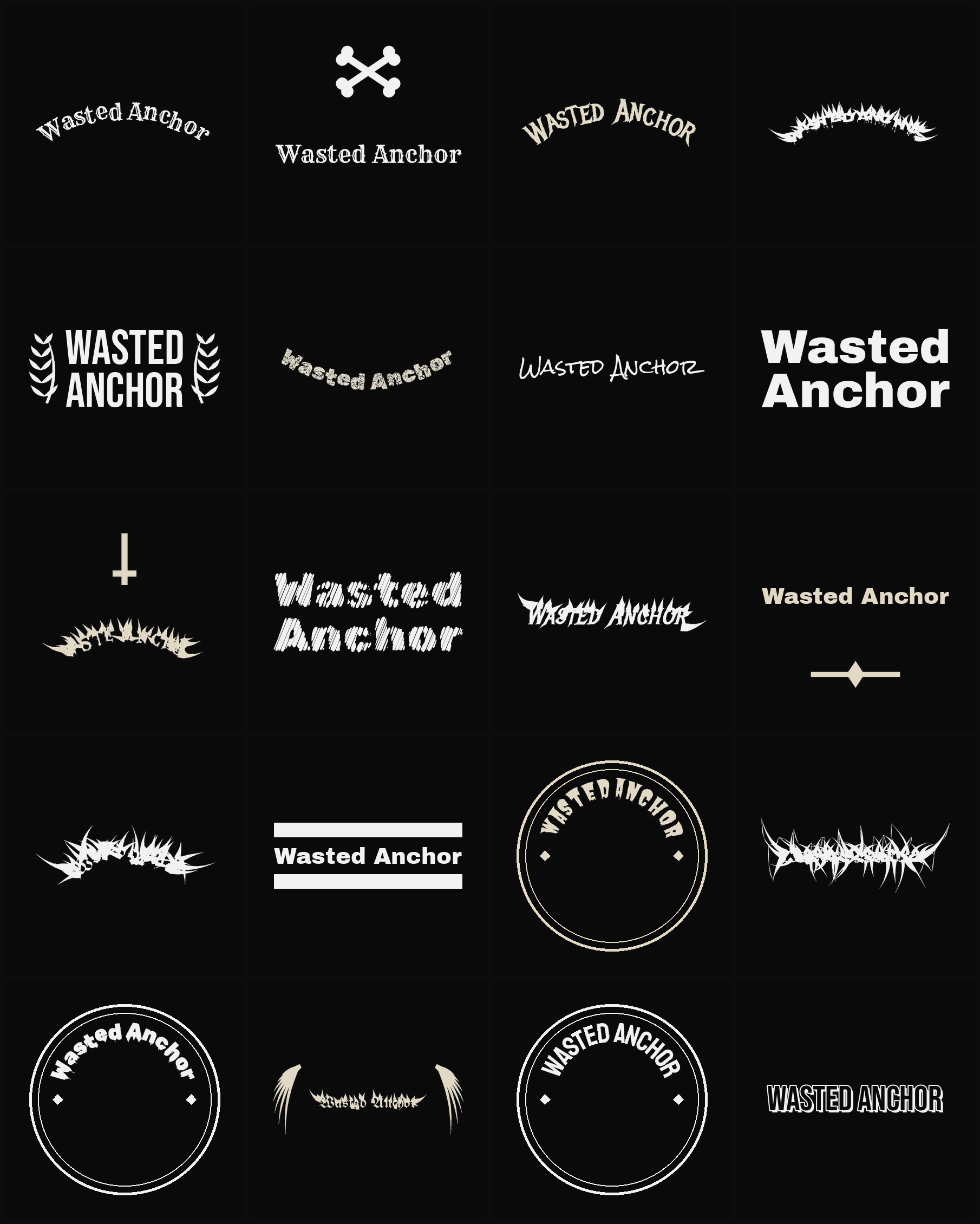 Twenty Wasted Anchor band logo ideas — different faces, treatments and spike settings