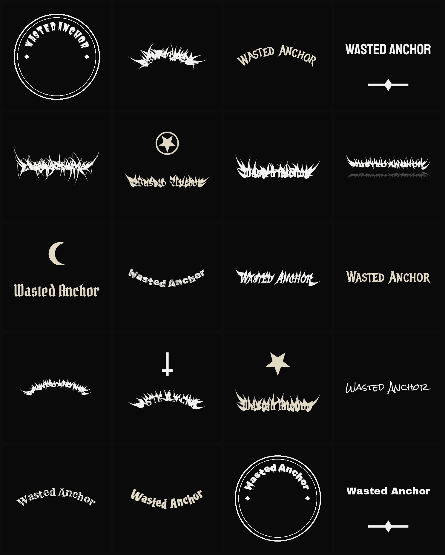 Twenty Wasted Anchor band logo ideas — different faces, treatments and spike settings