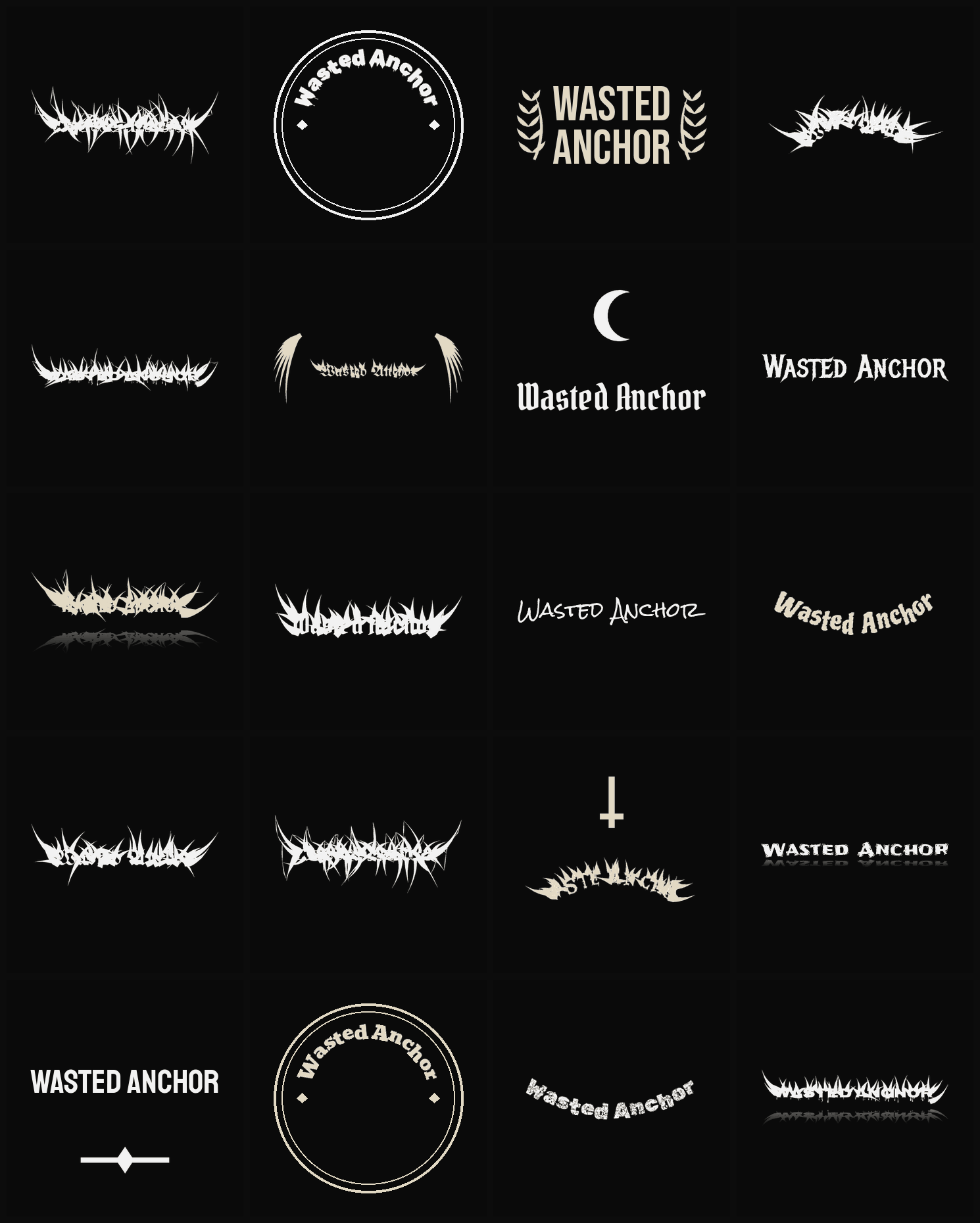 Twenty Wasted Anchor band logo ideas — different faces, treatments and spike settings