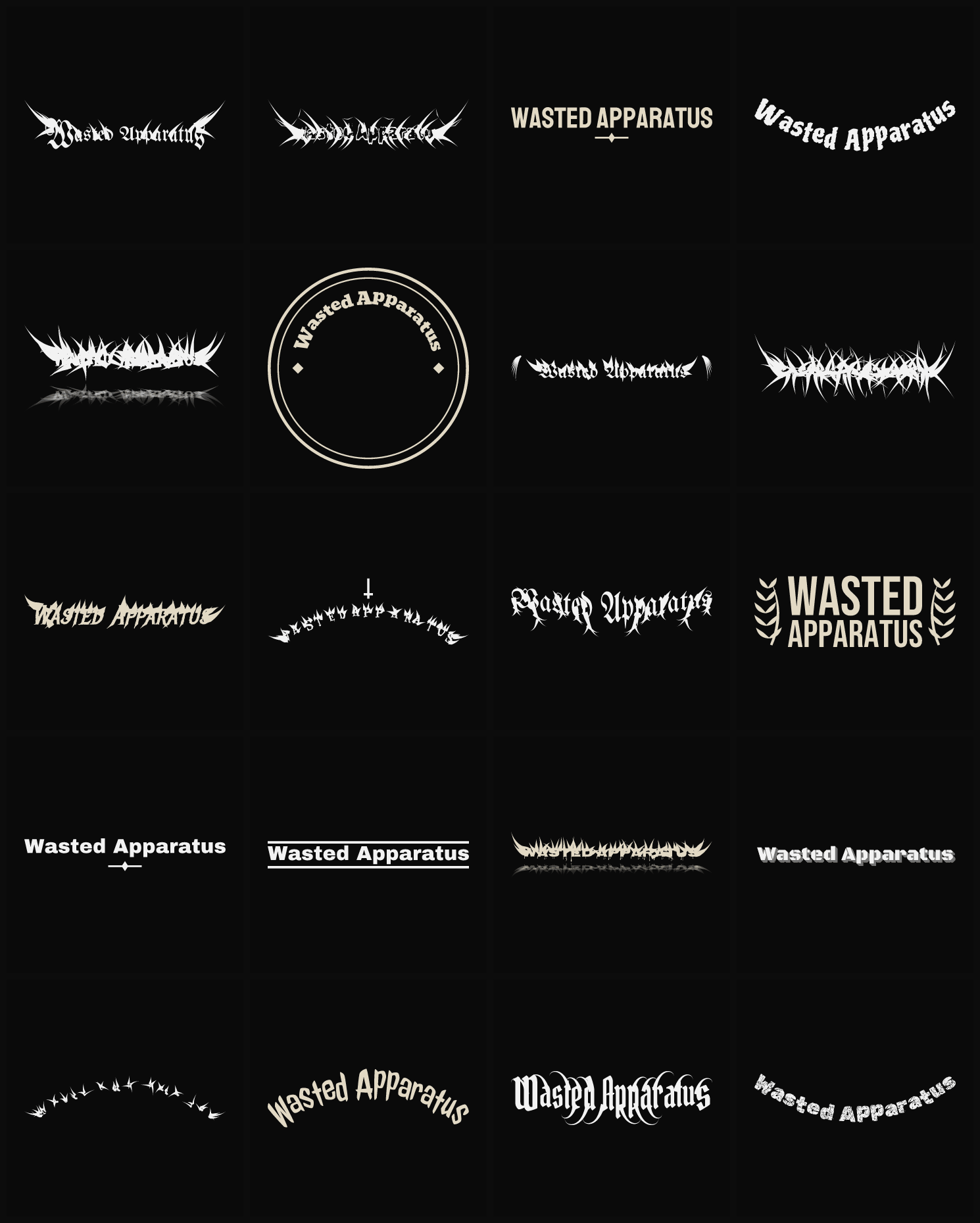 Twenty Wasted Apparatus band logo ideas — different faces, treatments and spike settings
