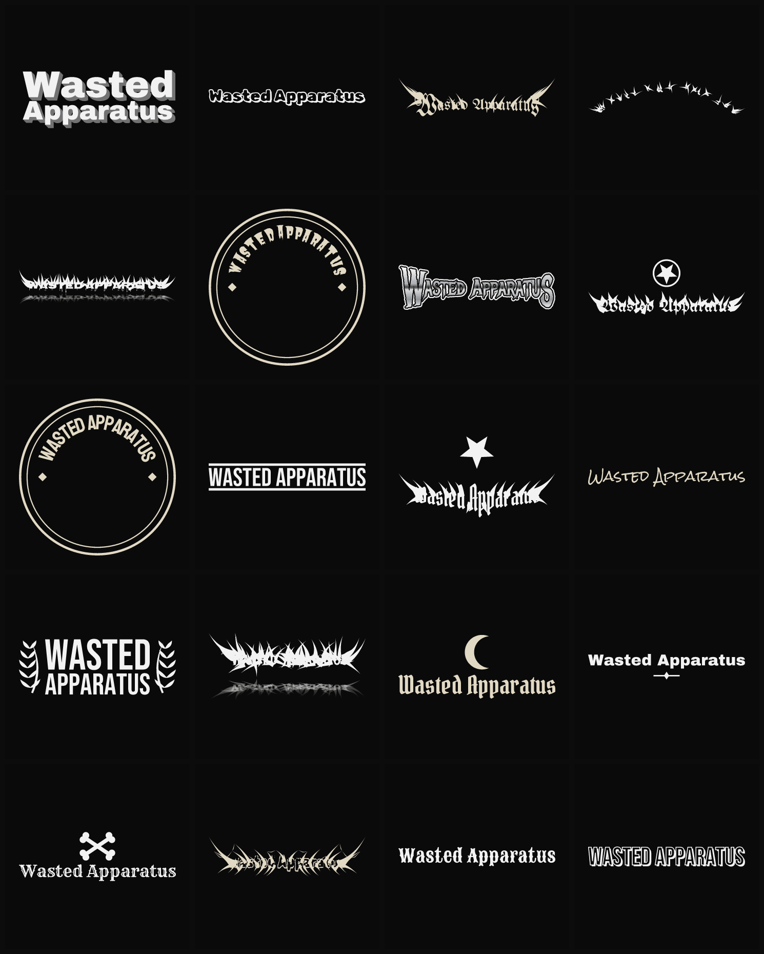 Twenty Wasted Apparatus band logo ideas — different faces, treatments and spike settings