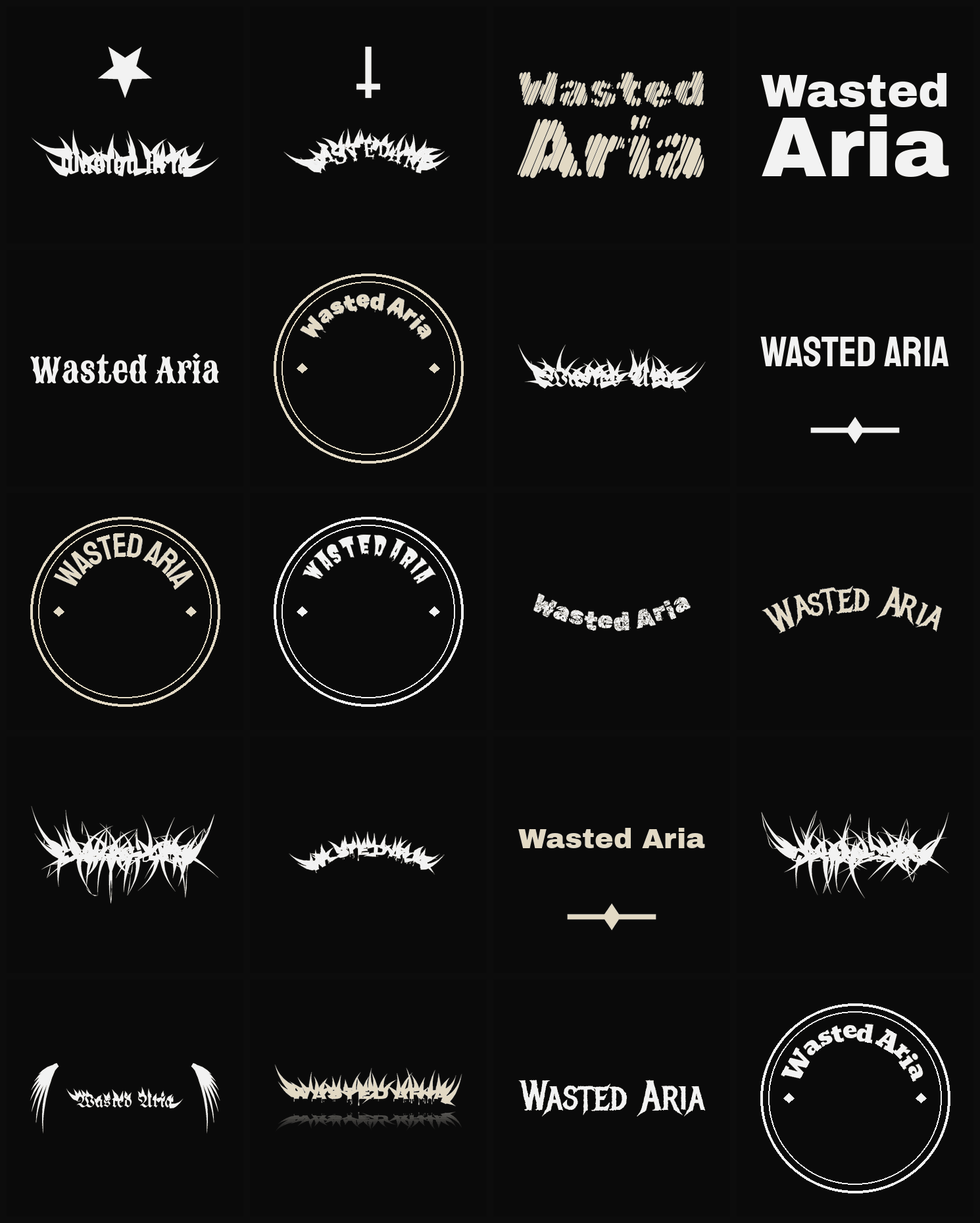 Twenty Wasted Aria band logo ideas — different faces, treatments and spike settings