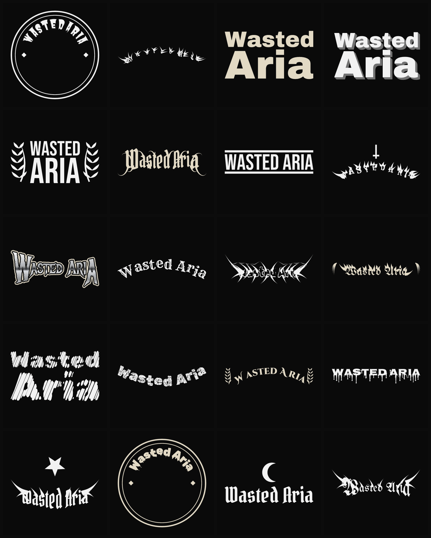 Twenty Wasted Aria band logo ideas — different faces, treatments and spike settings
