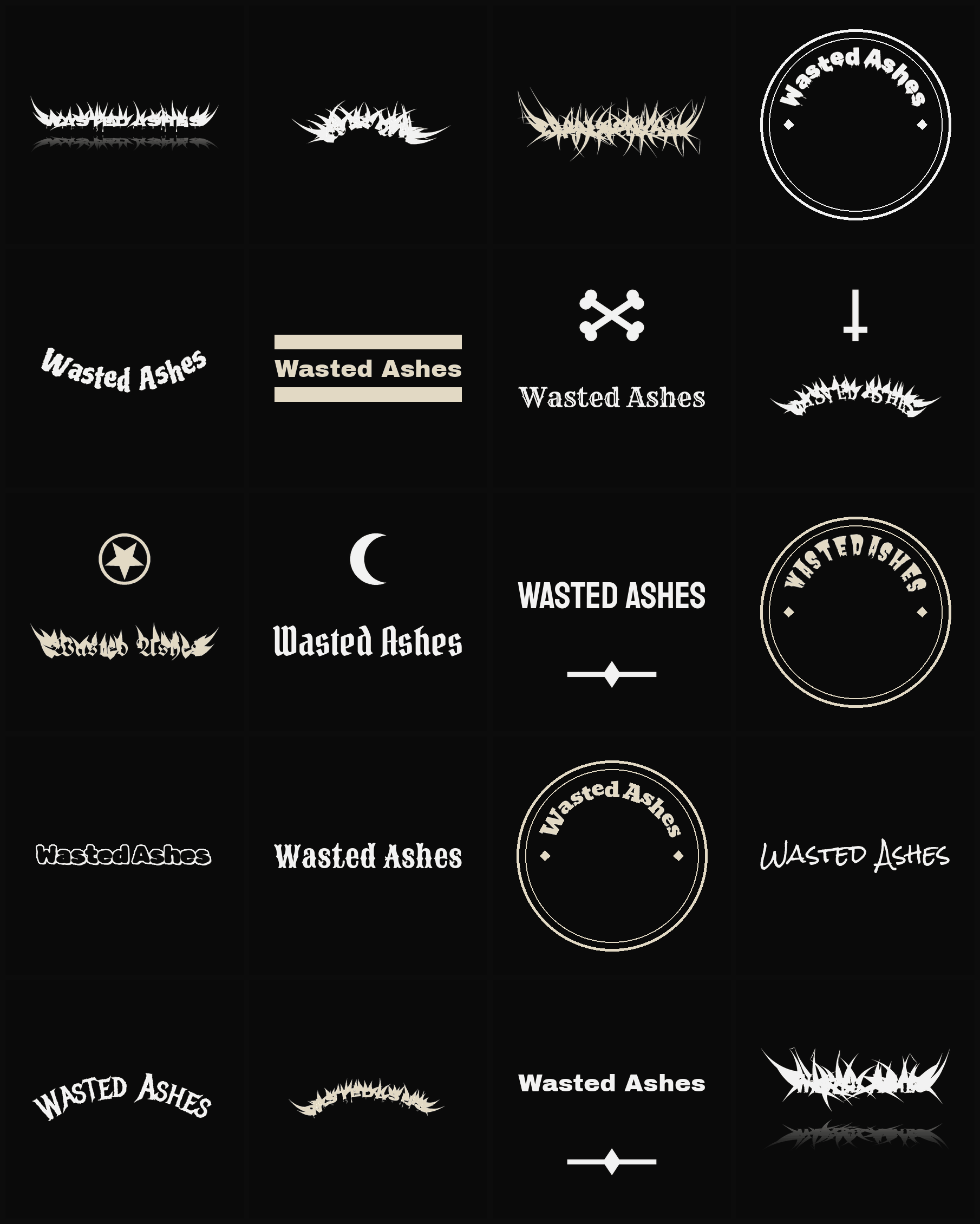 Twenty Wasted Ashes band logo ideas — different faces, treatments and spike settings
