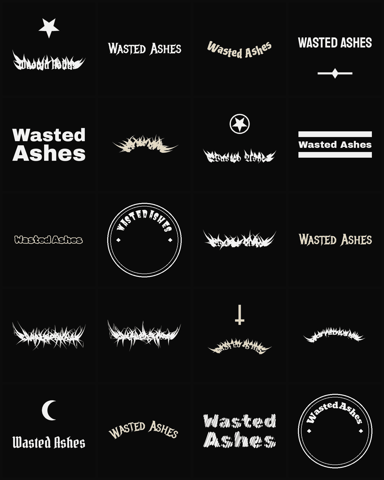 Twenty Wasted Ashes band logo ideas — different faces, treatments and spike settings