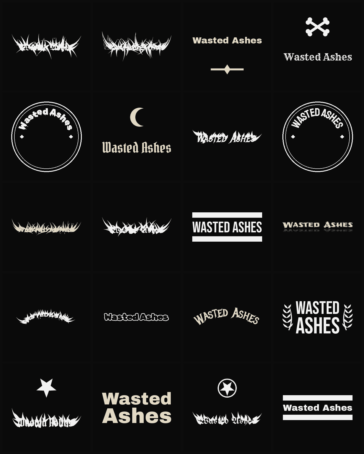 Twenty Wasted Ashes band logo ideas — different faces, treatments and spike settings