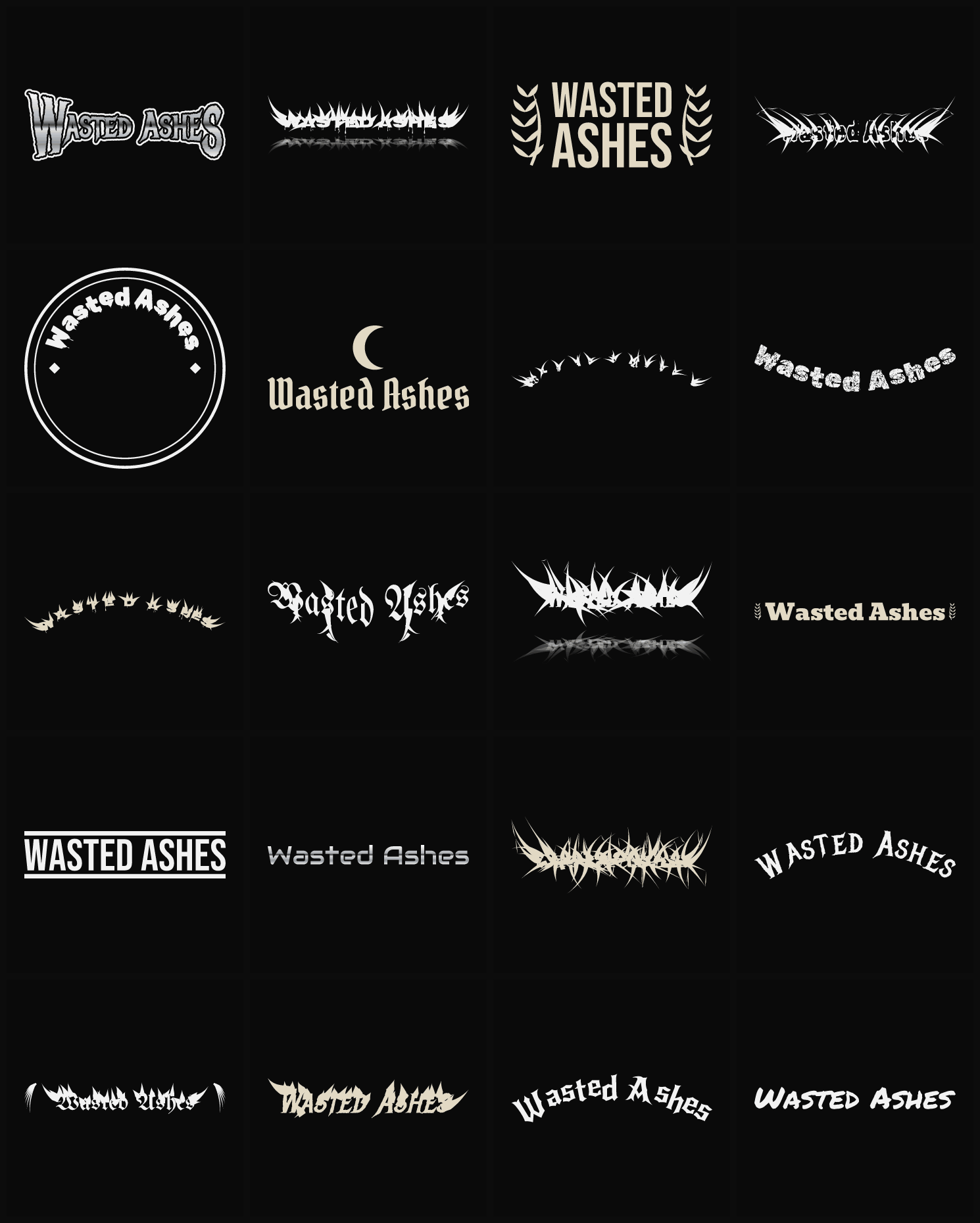 Twenty Wasted Ashes band logo ideas — different faces, treatments and spike settings