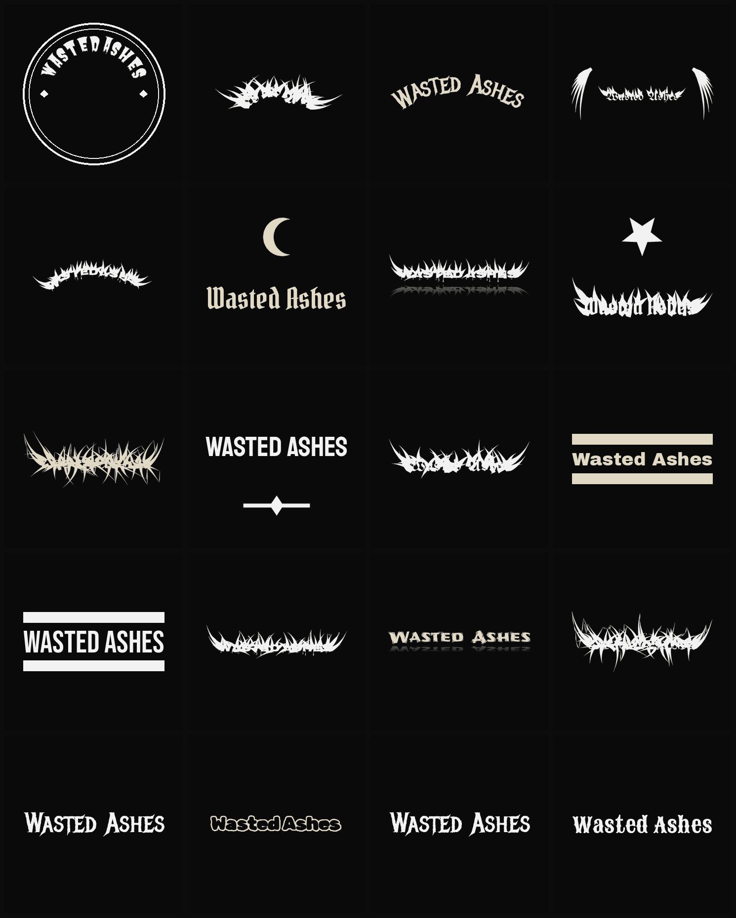 Twenty Wasted Ashes band logo ideas — different faces, treatments and spike settings