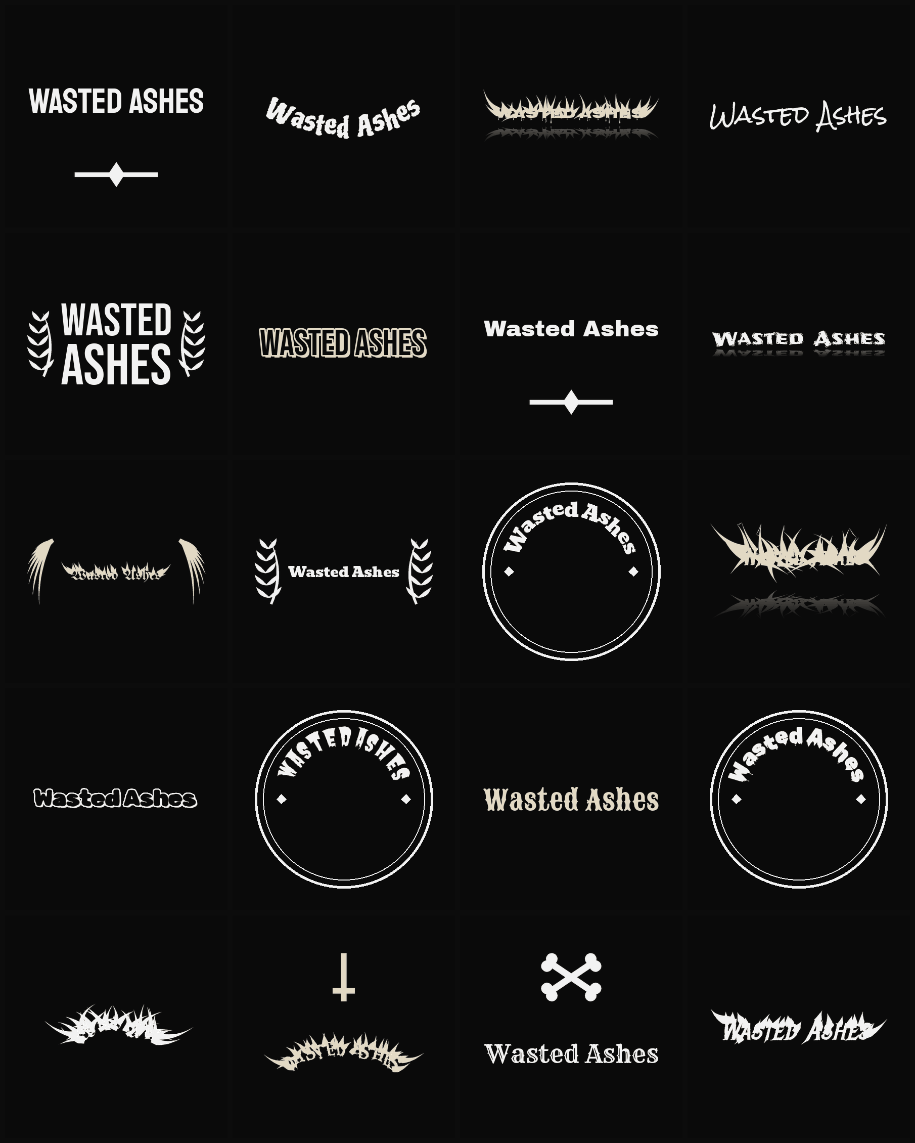 Twenty Wasted Ashes band logo ideas — different faces, treatments and spike settings