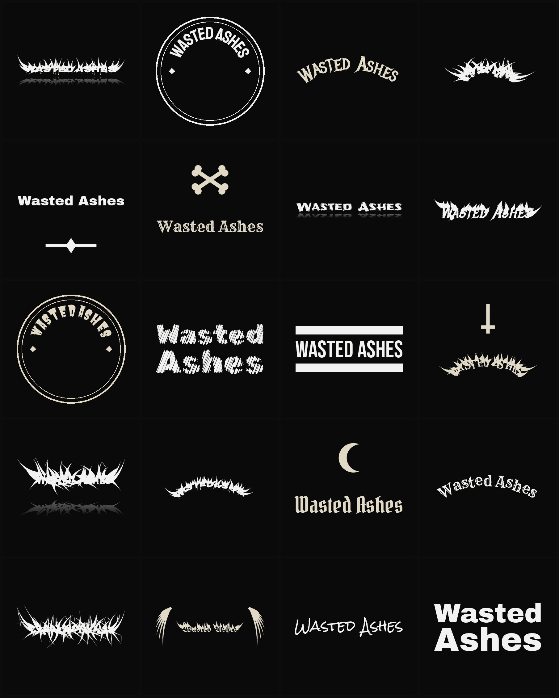 Twenty Wasted Ashes band logo ideas — different faces, treatments and spike settings
