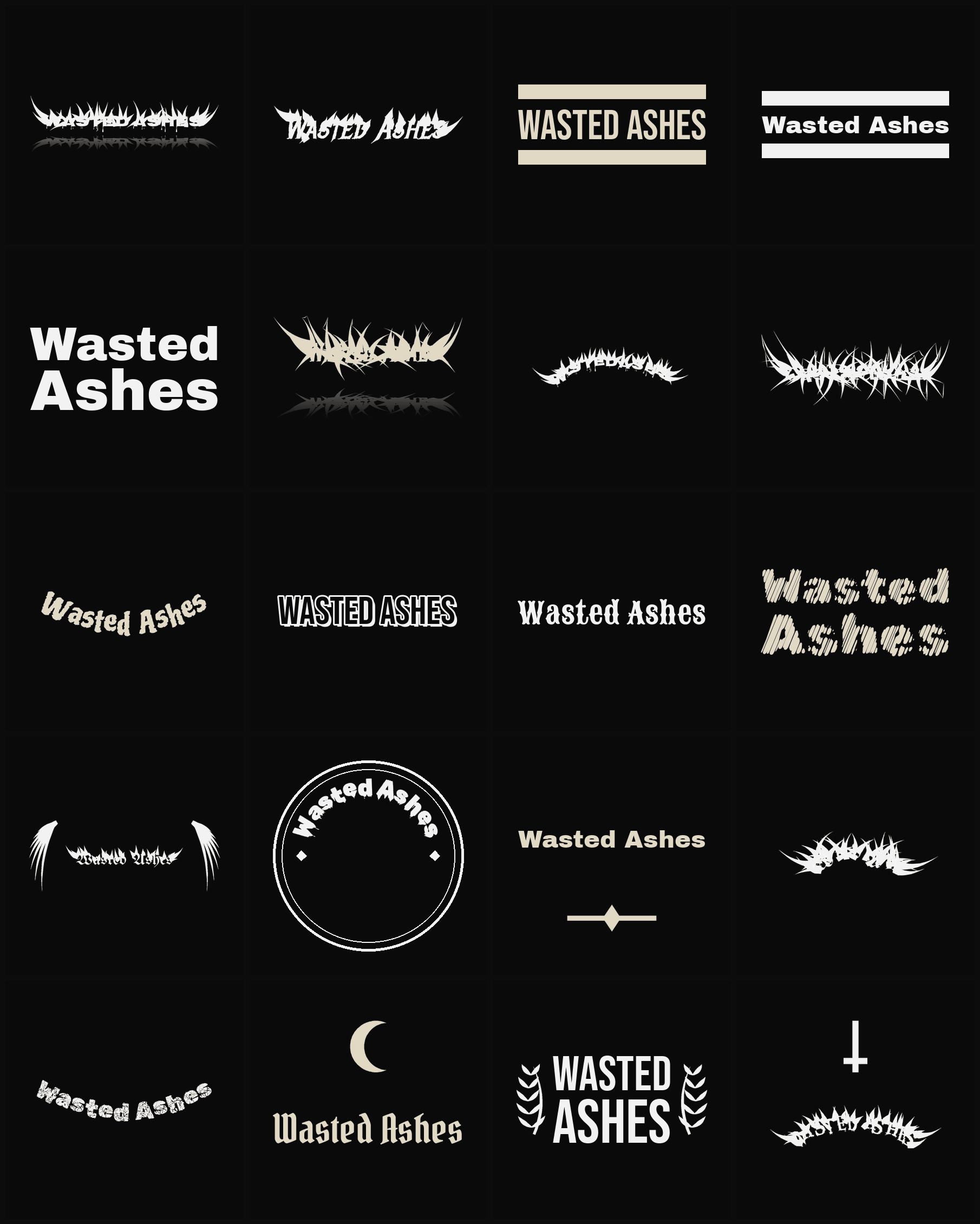 Twenty Wasted Ashes band logo ideas — different faces, treatments and spike settings