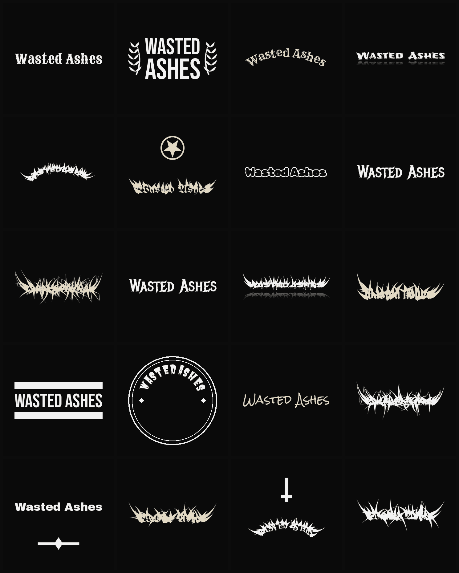 Twenty Wasted Ashes band logo ideas — different faces, treatments and spike settings