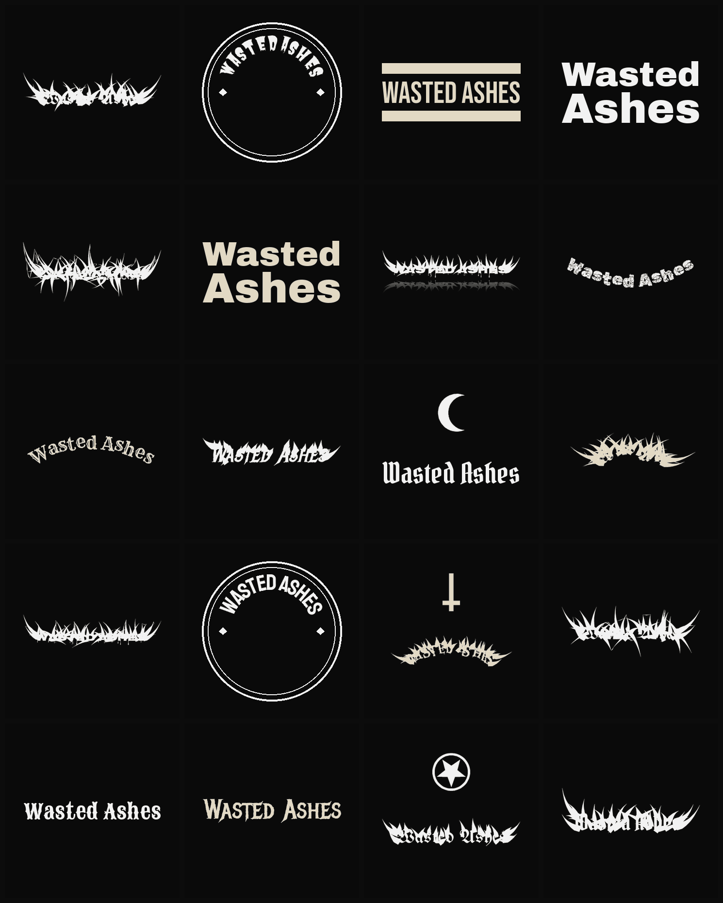 Twenty Wasted Ashes band logo ideas — different faces, treatments and spike settings