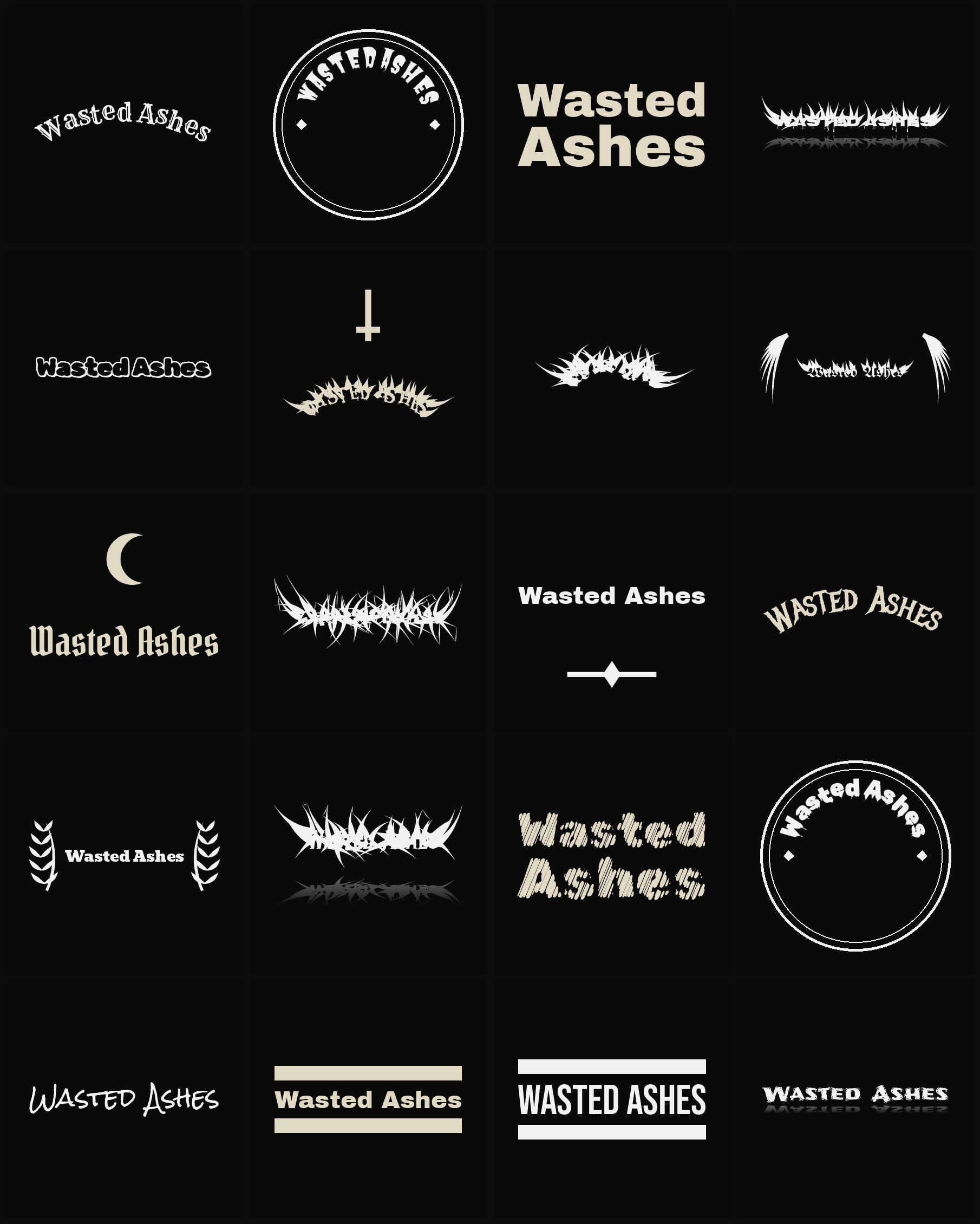 Twenty Wasted Ashes band logo ideas — different faces, treatments and spike settings