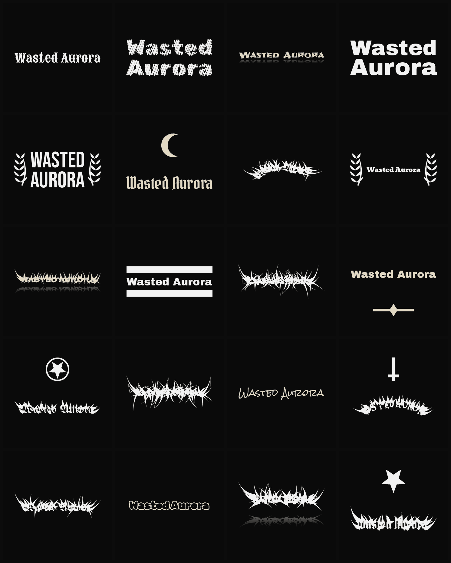Twenty Wasted Aurora band logo ideas — different faces, treatments and spike settings