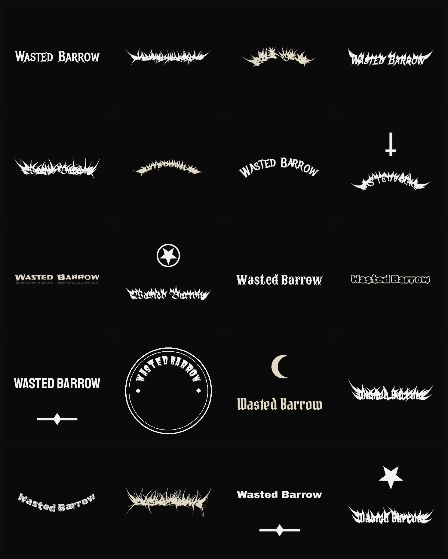 Twenty Wasted Barrow band logo ideas — different faces, treatments and spike settings