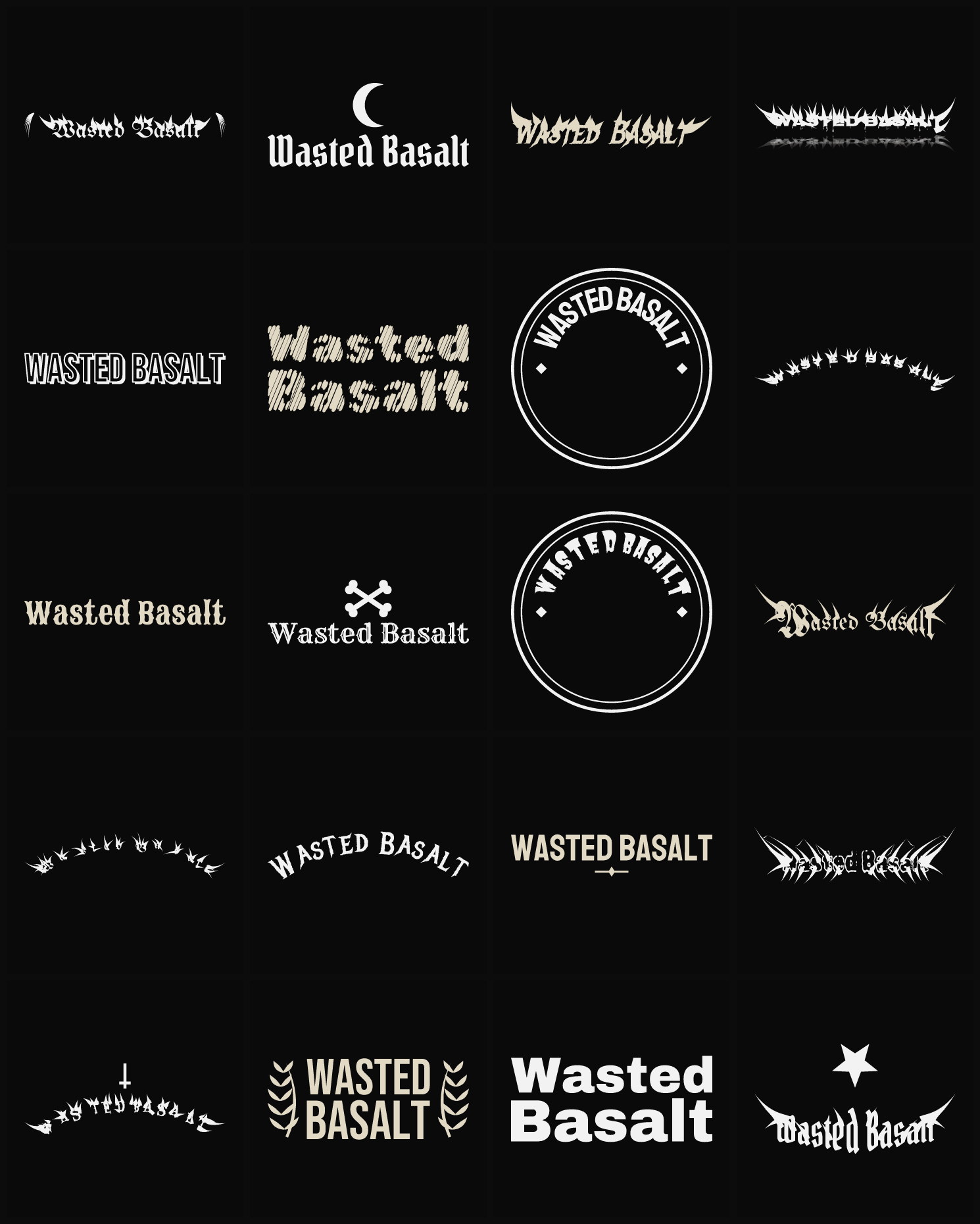 Twenty Wasted Basalt band logo ideas — different faces, treatments and spike settings