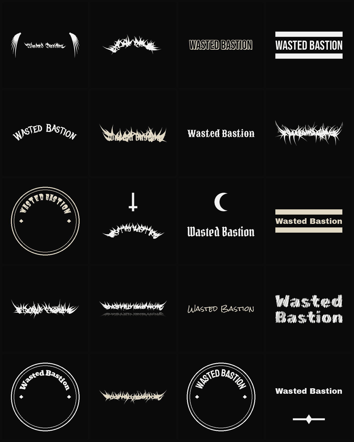 Twenty Wasted Bastion band logo ideas — different faces, treatments and spike settings