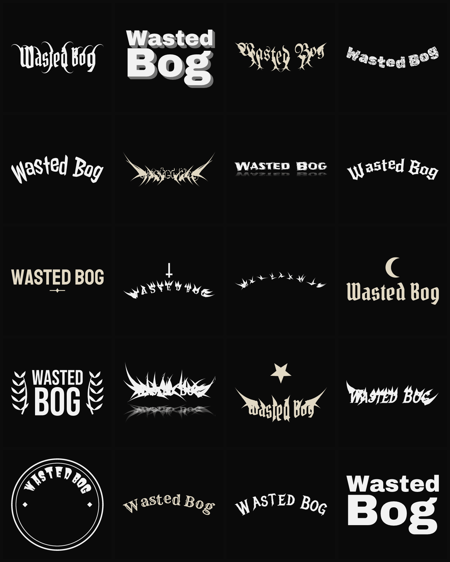 Twenty Wasted Bog band logo ideas — different faces, treatments and spike settings