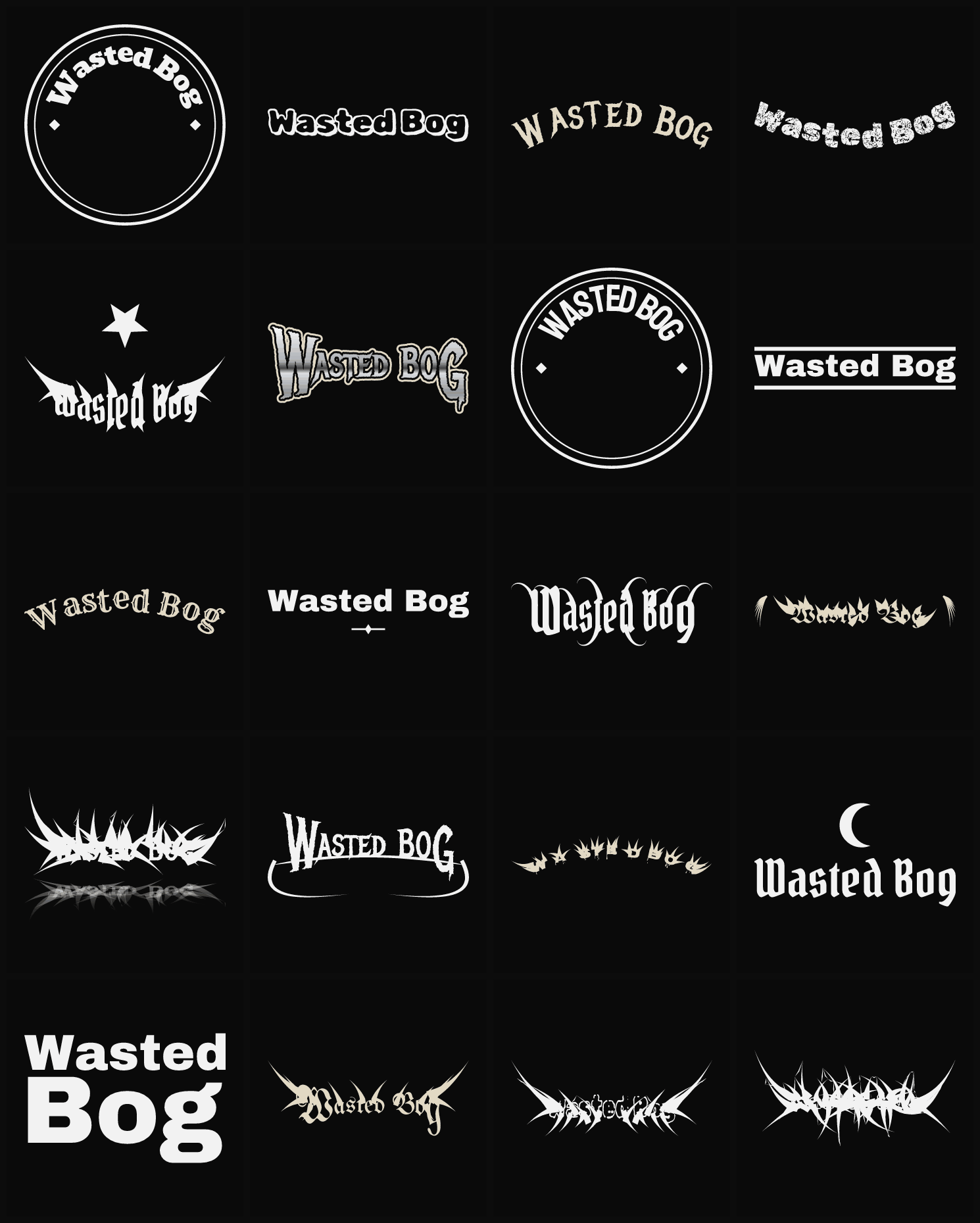 Twenty Wasted Bog band logo ideas — different faces, treatments and spike settings
