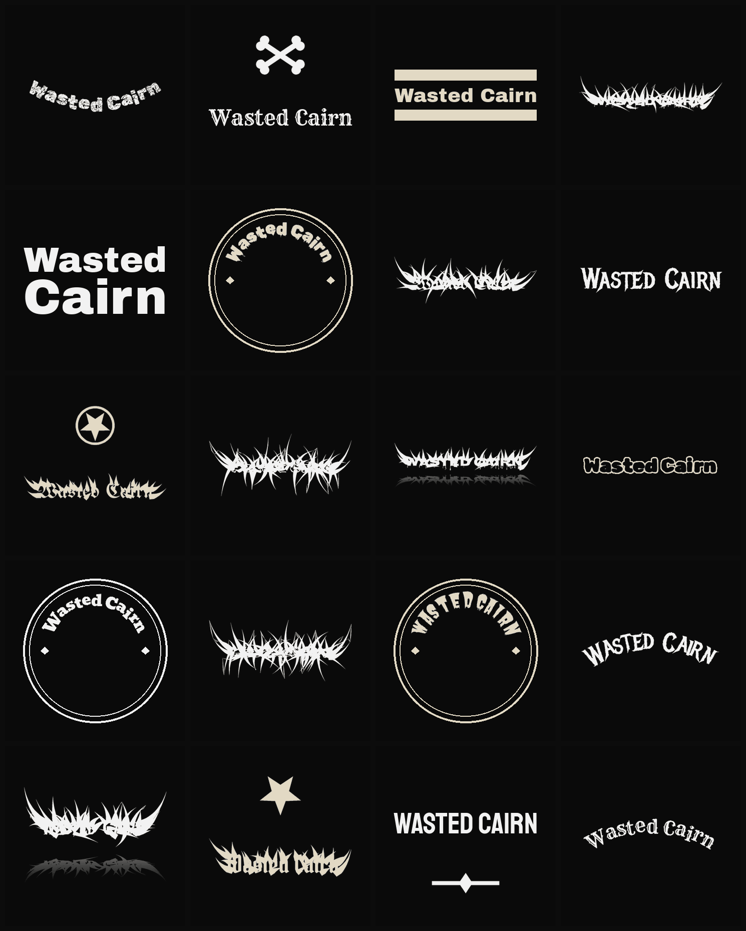 Twenty Wasted Cairn band logo ideas — different faces, treatments and spike settings
