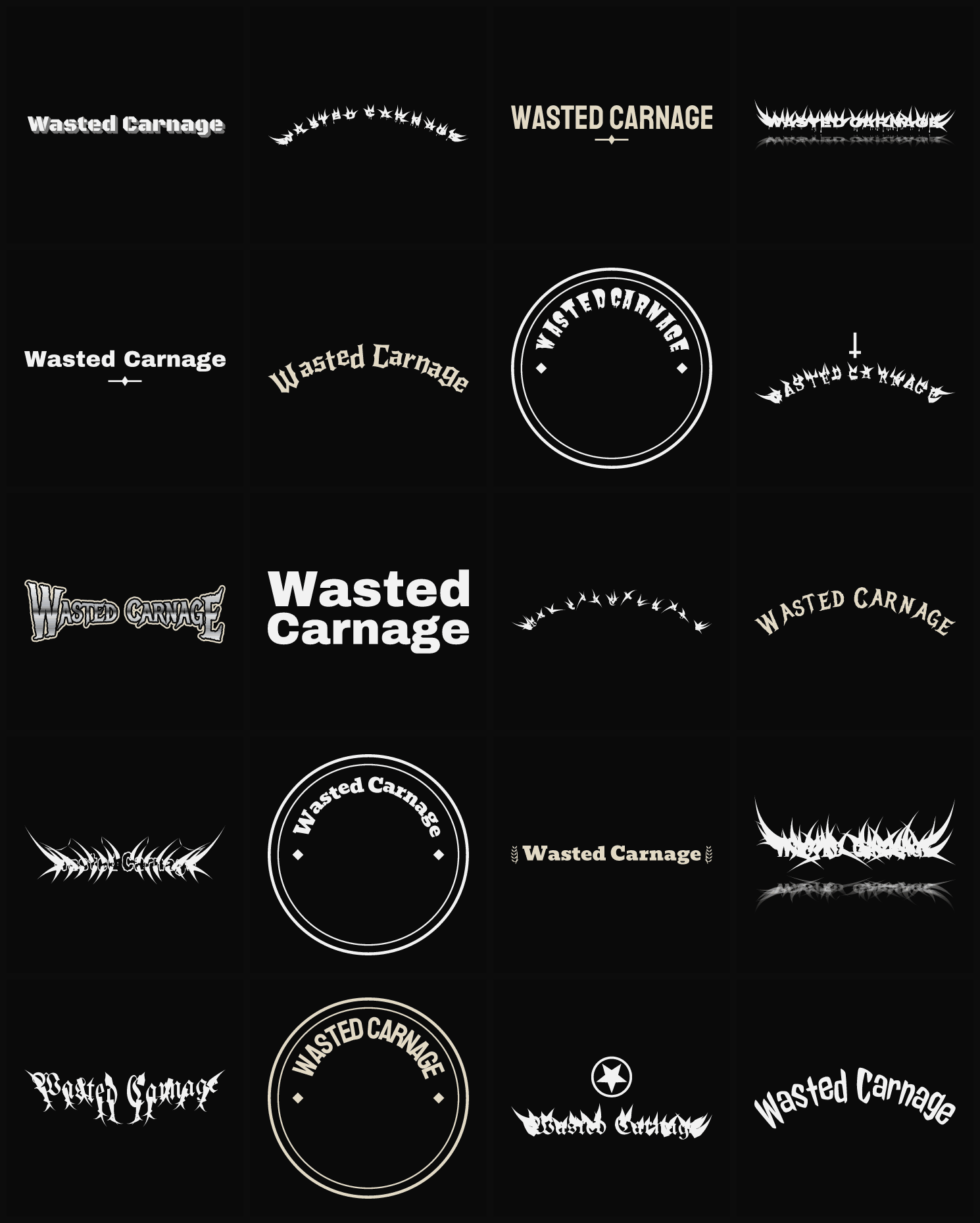 Twenty Wasted Carnage band logo ideas — different faces, treatments and spike settings