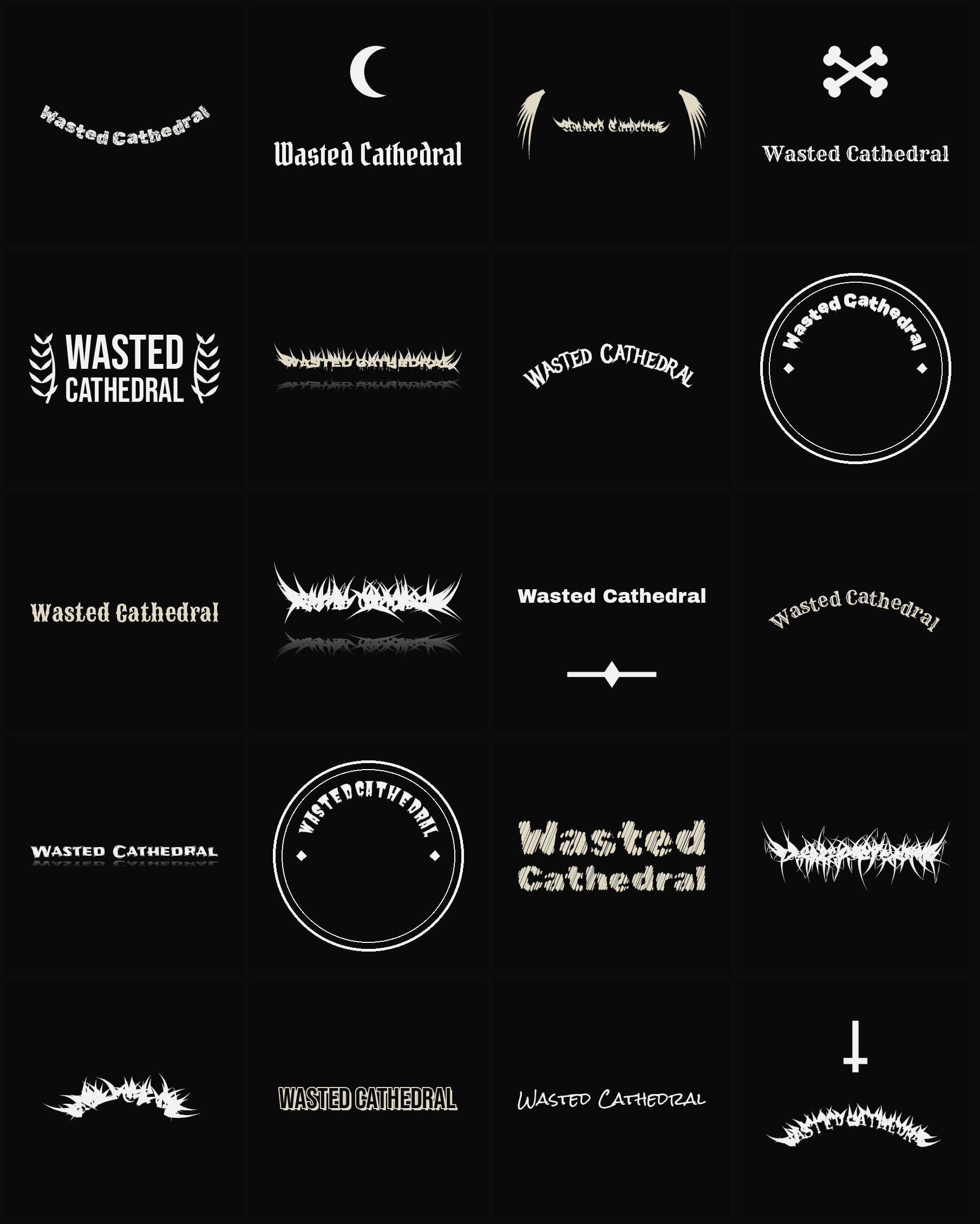 Twenty Wasted Cathedral band logo ideas — different faces, treatments and spike settings