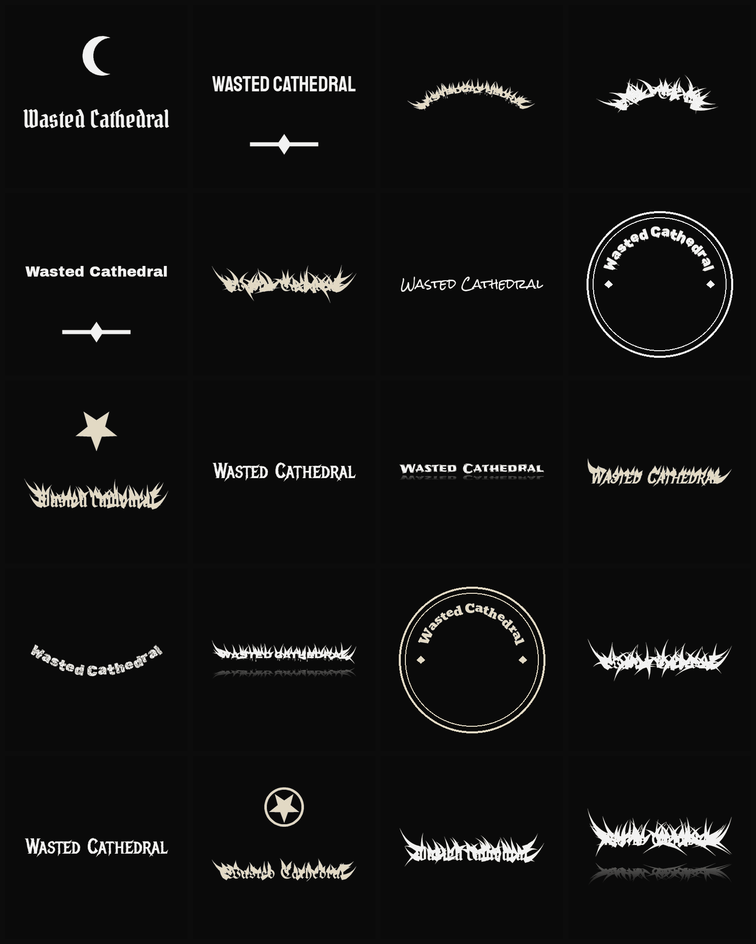 Twenty Wasted Cathedral band logo ideas — different faces, treatments and spike settings