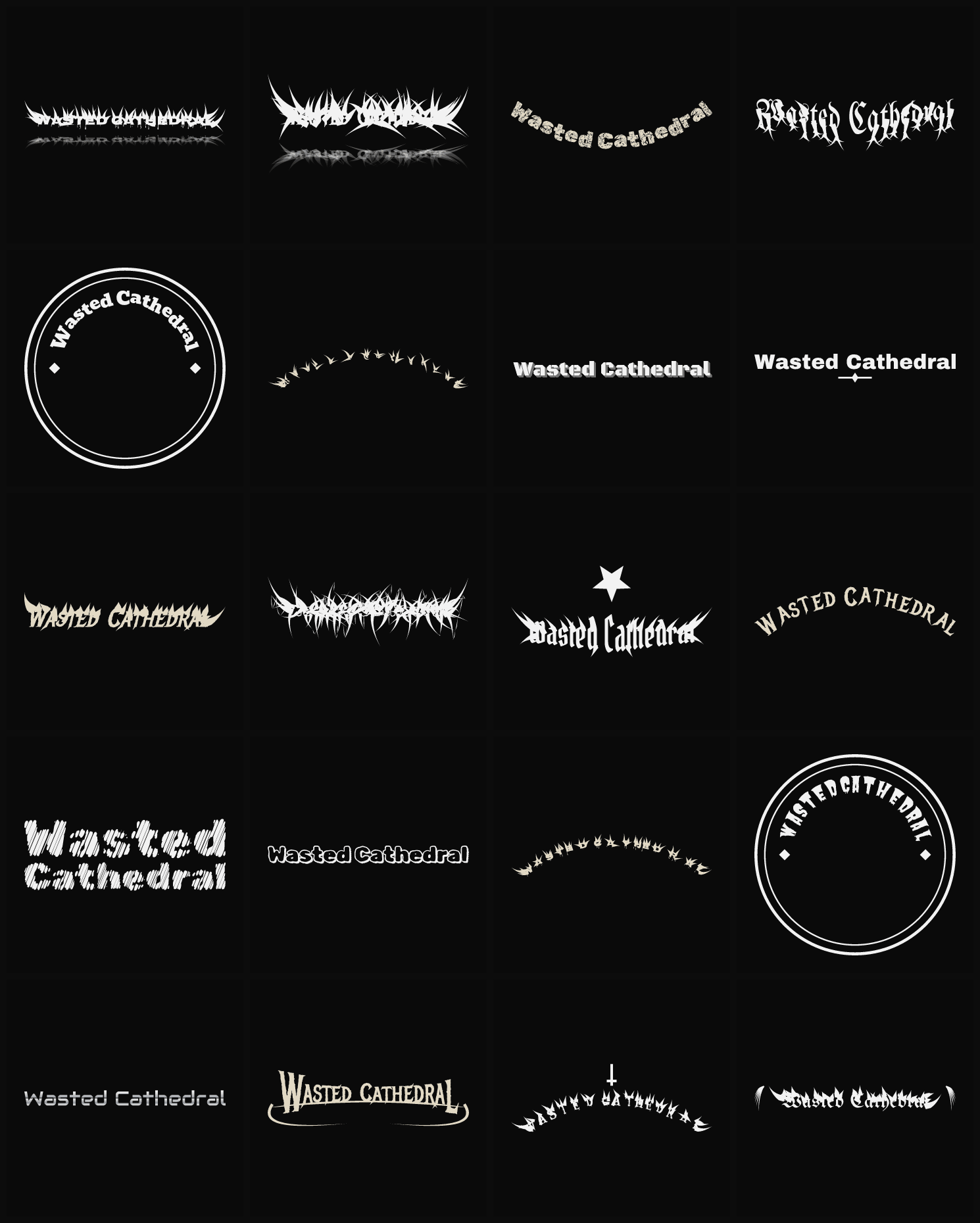 Twenty Wasted Cathedral band logo ideas — different faces, treatments and spike settings