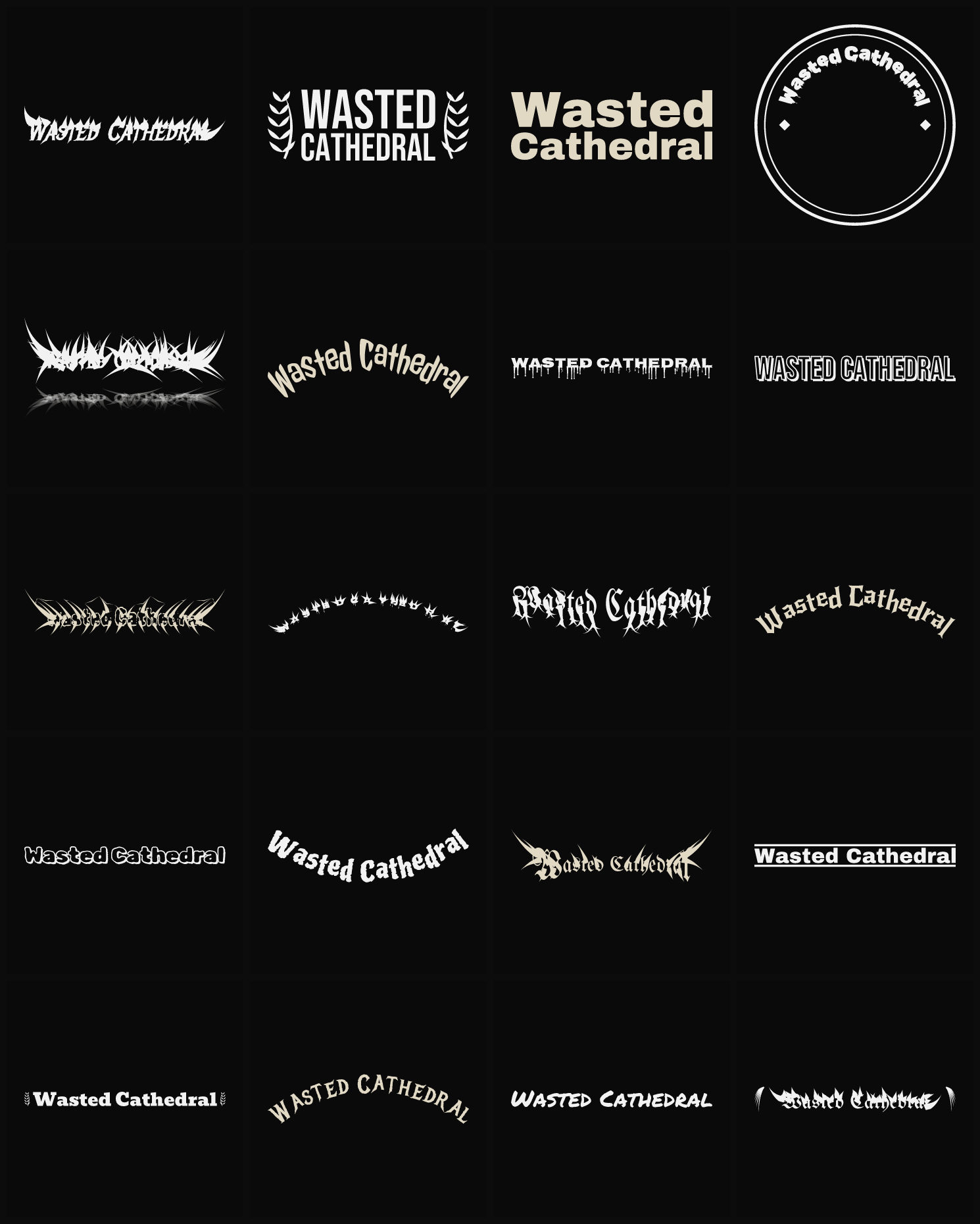 Twenty Wasted Cathedral band logo ideas — different faces, treatments and spike settings