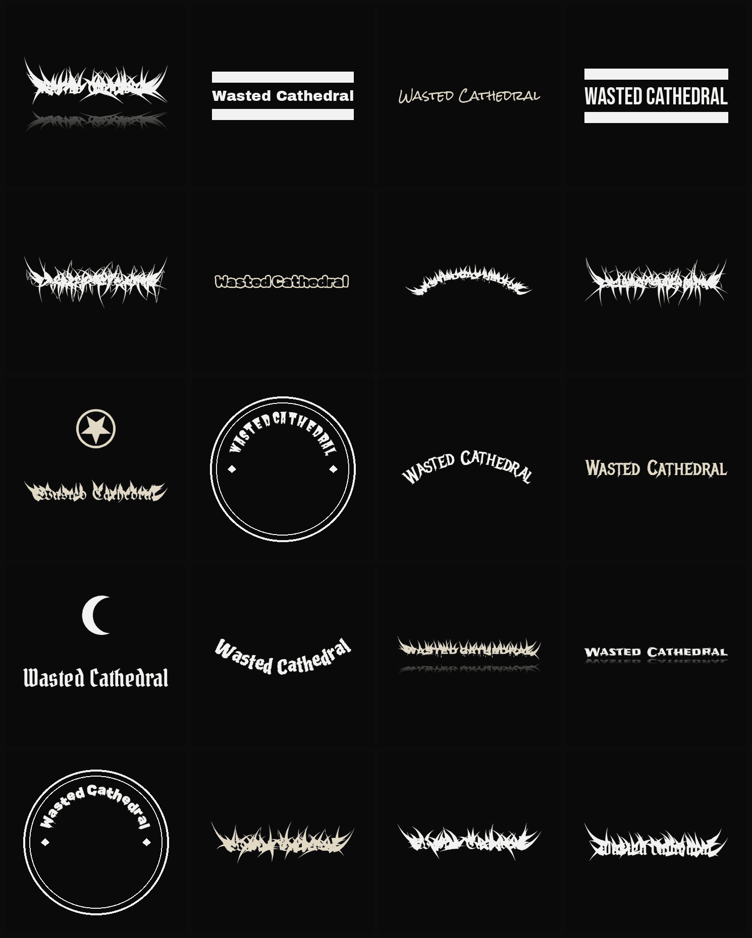 Twenty Wasted Cathedral band logo ideas — different faces, treatments and spike settings