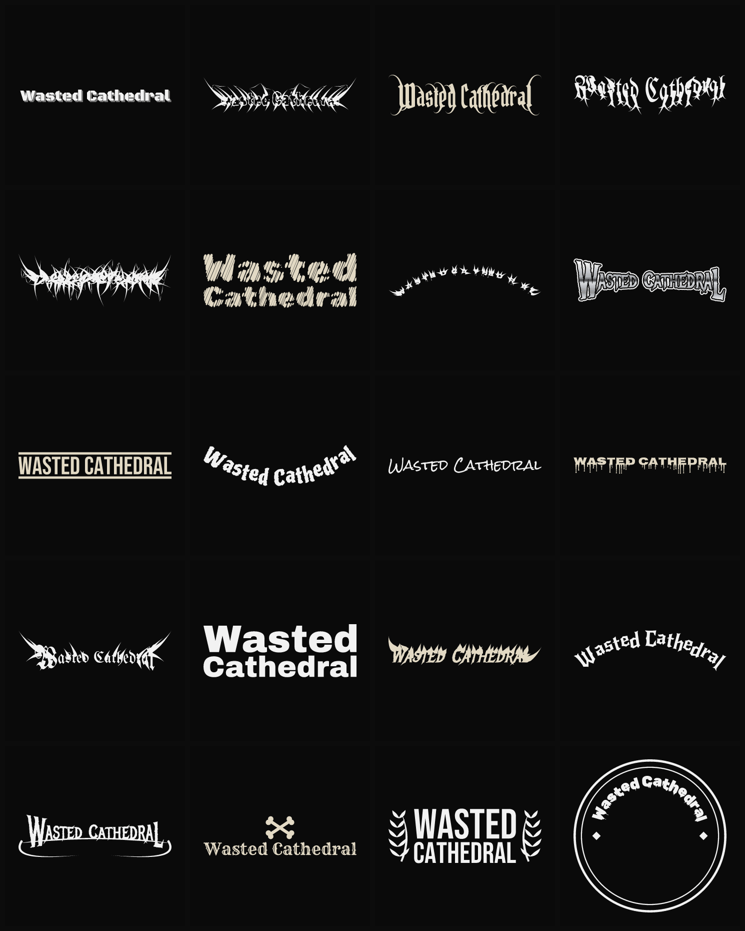 Twenty Wasted Cathedral band logo ideas — different faces, treatments and spike settings