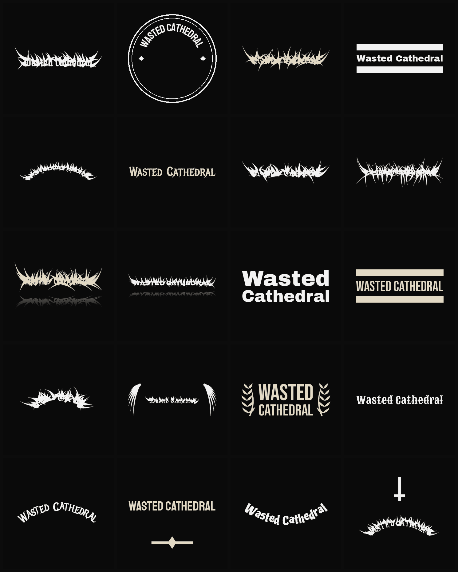 Twenty Wasted Cathedral band logo ideas — different faces, treatments and spike settings