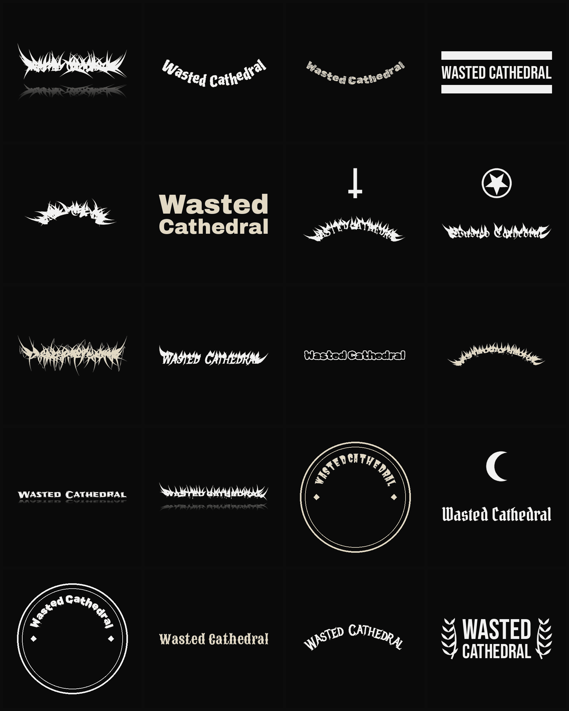 Twenty Wasted Cathedral band logo ideas — different faces, treatments and spike settings