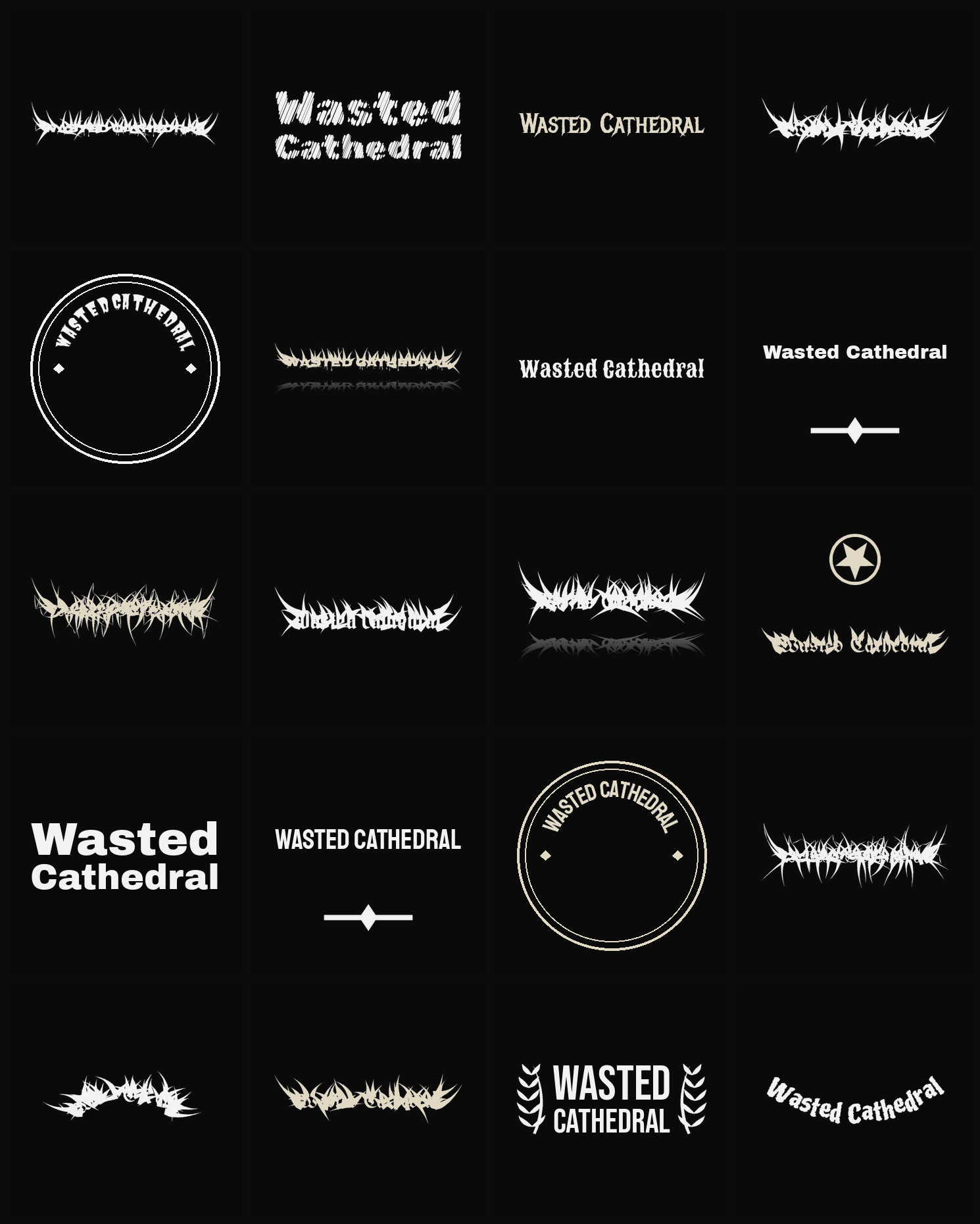 Twenty Wasted Cathedral band logo ideas — different faces, treatments and spike settings