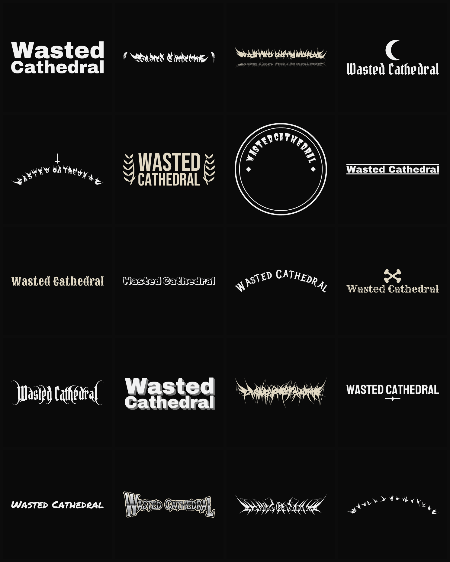 Twenty Wasted Cathedral band logo ideas — different faces, treatments and spike settings