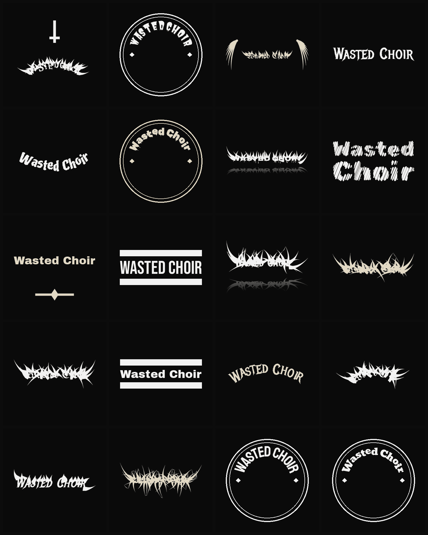 Twenty Wasted Choir band logo ideas — different faces, treatments and spike settings