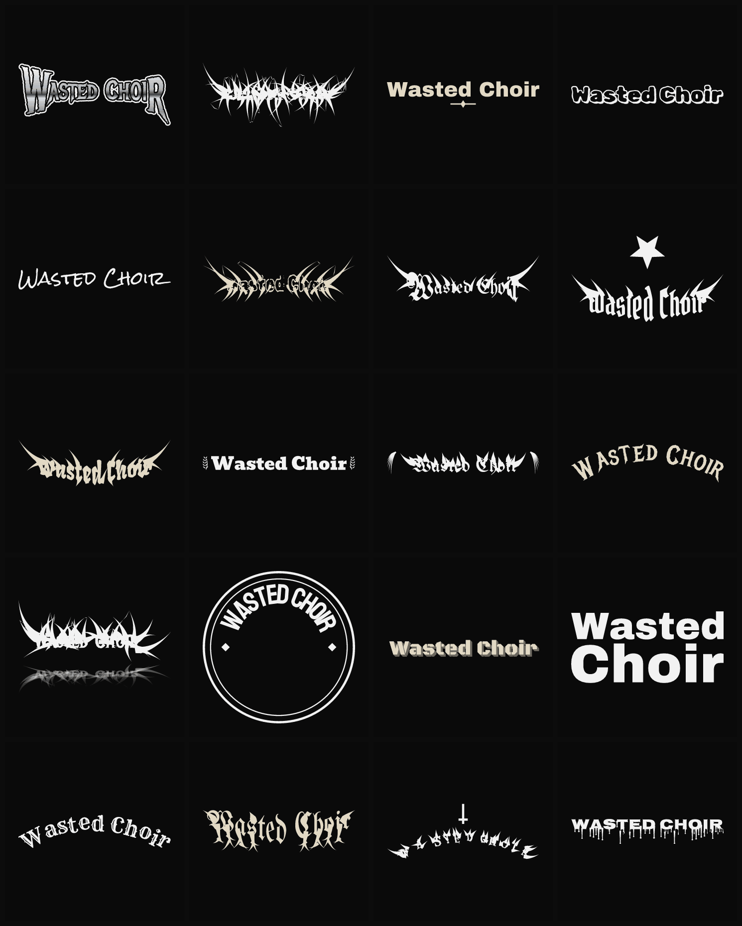 Twenty Wasted Choir band logo ideas — different faces, treatments and spike settings