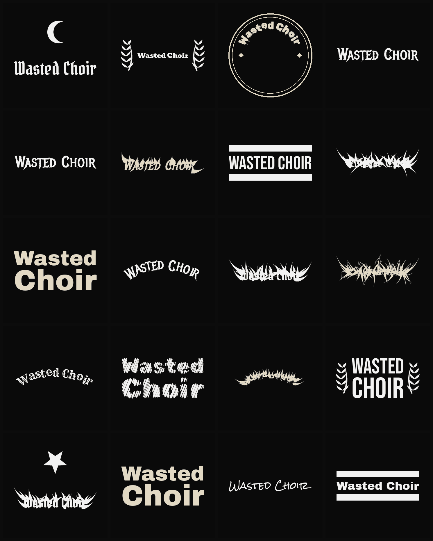 Twenty Wasted Choir band logo ideas — different faces, treatments and spike settings