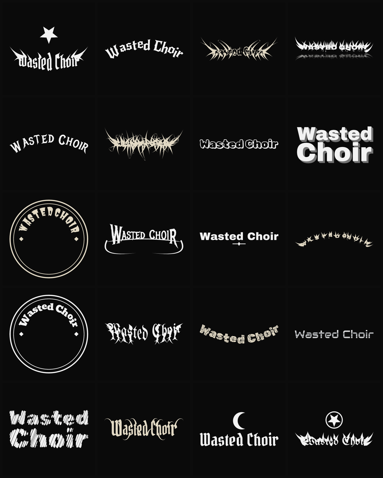 Twenty Wasted Choir band logo ideas — different faces, treatments and spike settings