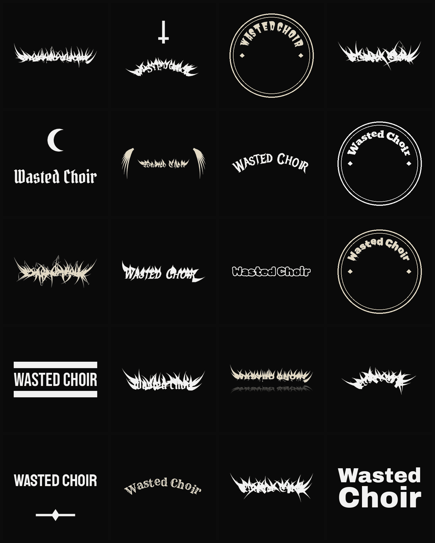 Twenty Wasted Choir band logo ideas — different faces, treatments and spike settings