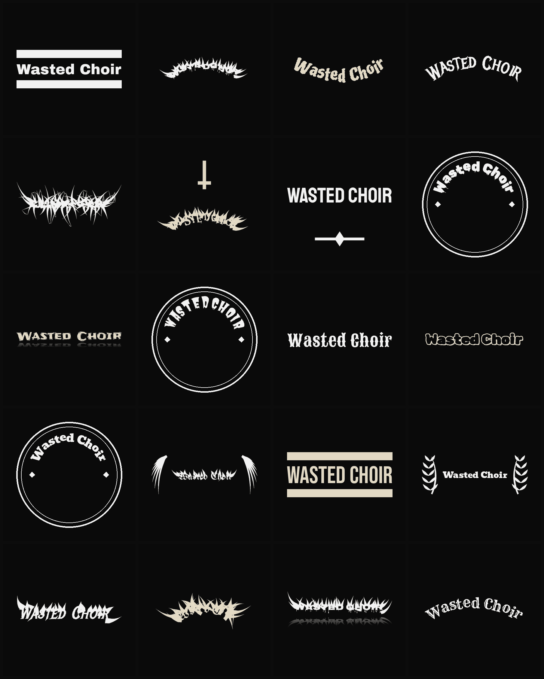 Twenty Wasted Choir band logo ideas — different faces, treatments and spike settings