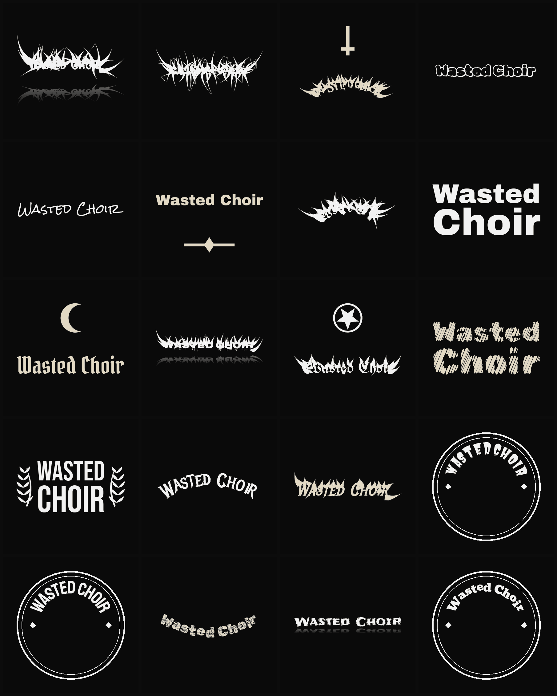 Twenty Wasted Choir band logo ideas — different faces, treatments and spike settings