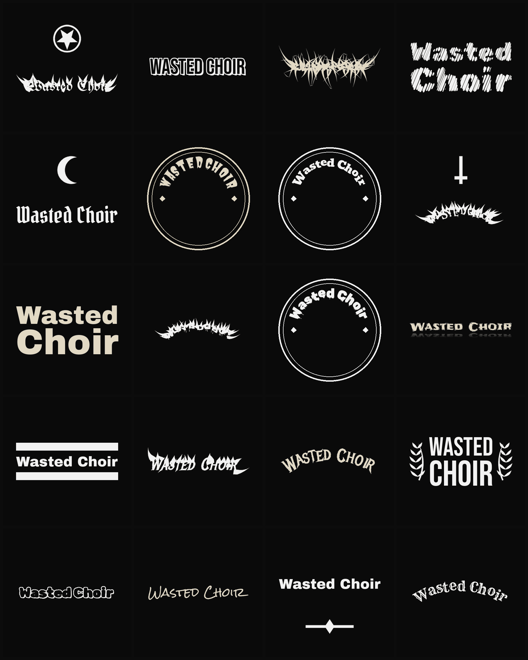 Twenty Wasted Choir band logo ideas — different faces, treatments and spike settings